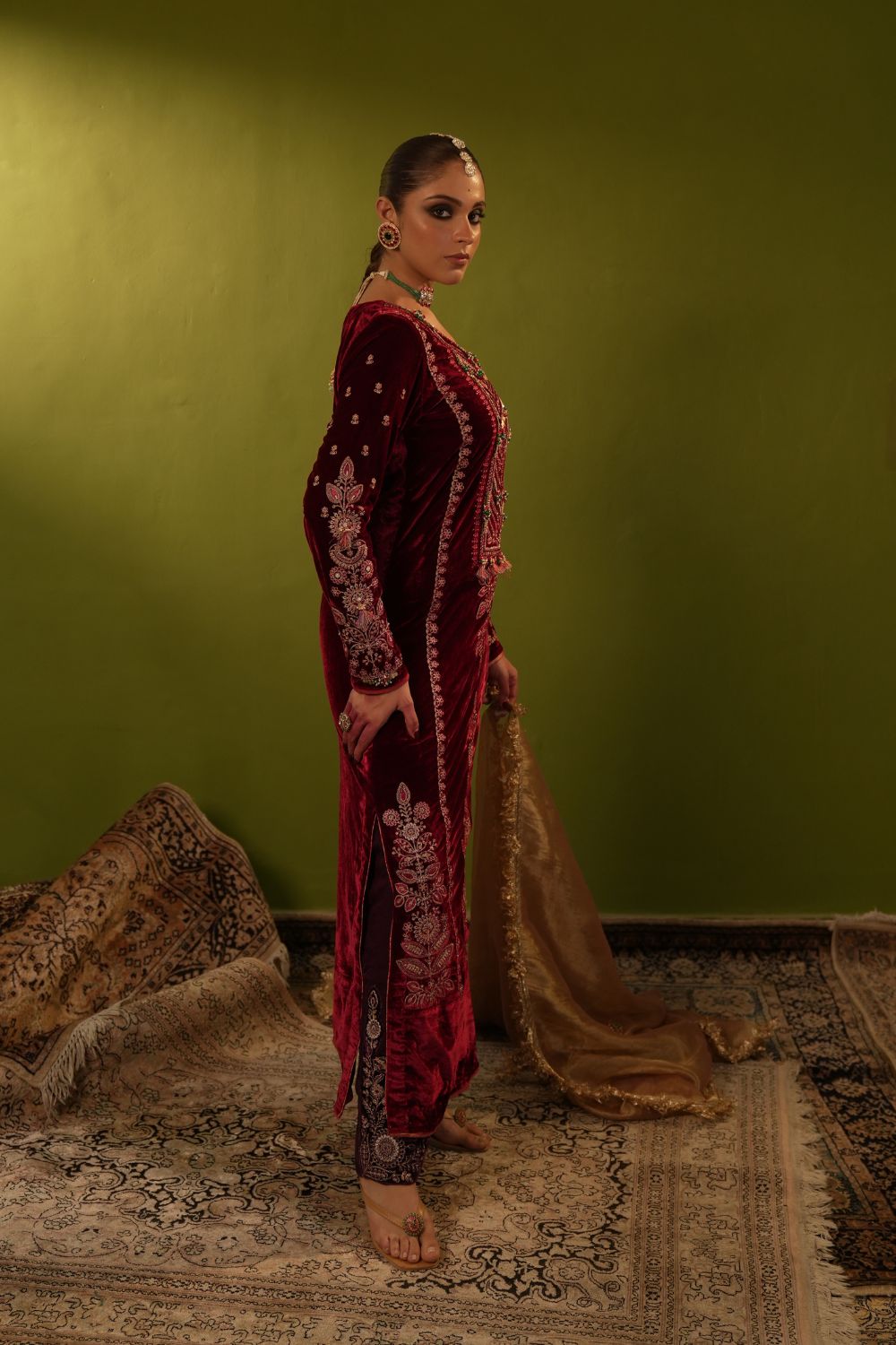 Red and Purple Velvet Kurta Set