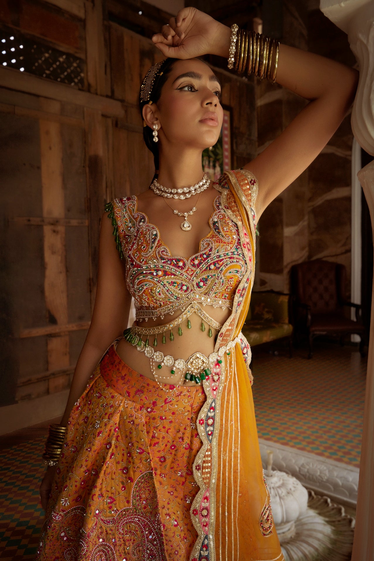 Yellow Jamawar Katan Silk Lehenga