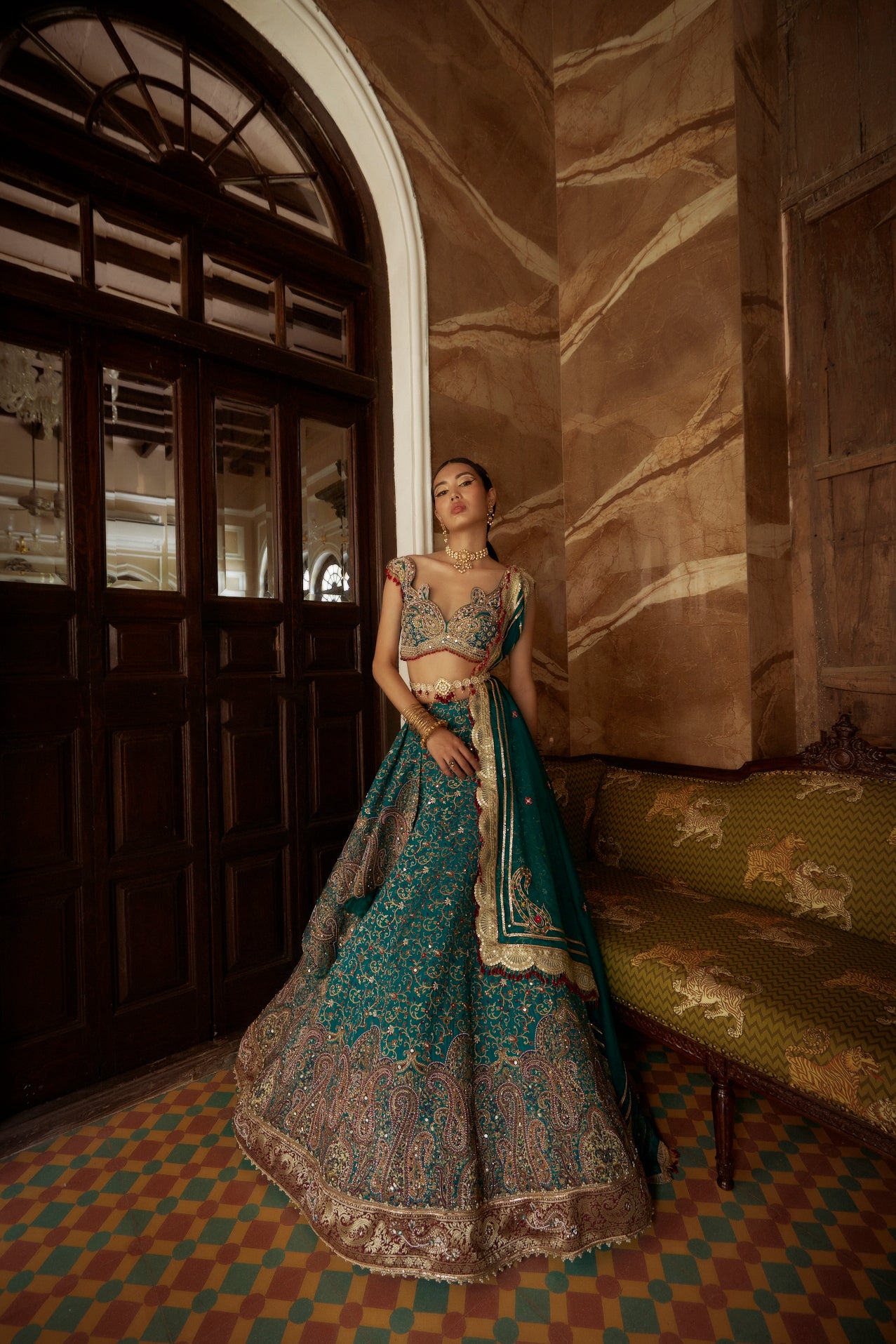 Teal Blue Jamawar Embroidered Lehenga Set