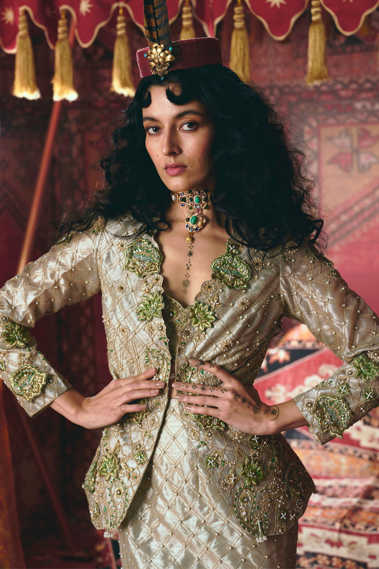 Pearl-Gold Skirt, Jacket, and Bustier Set