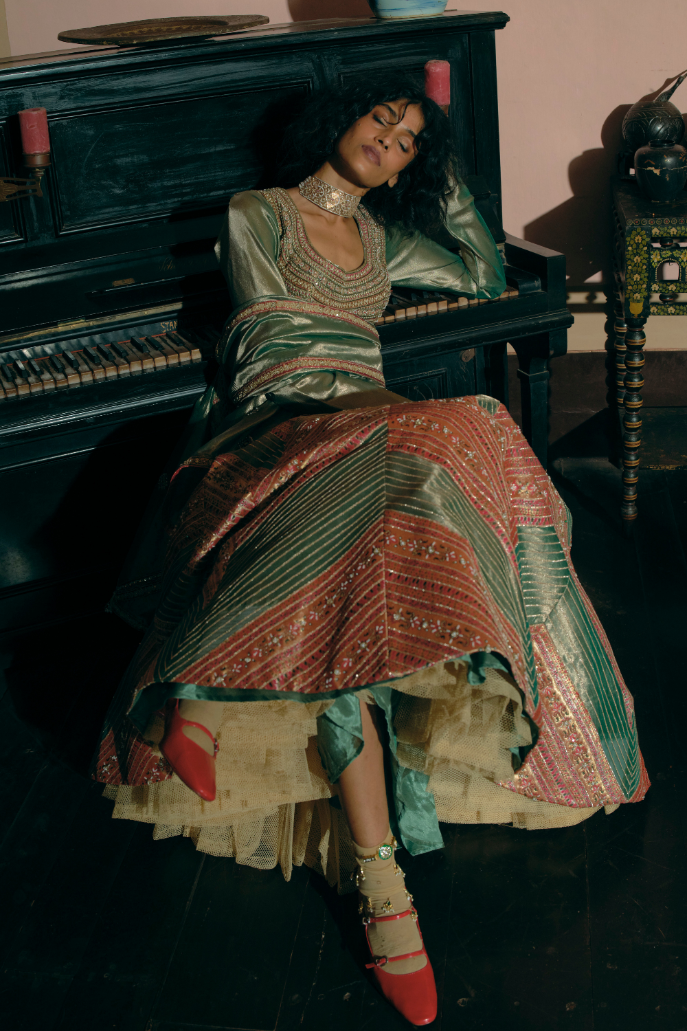 Emerald Green silk zari tissue peplum top with skirt and dupatta set