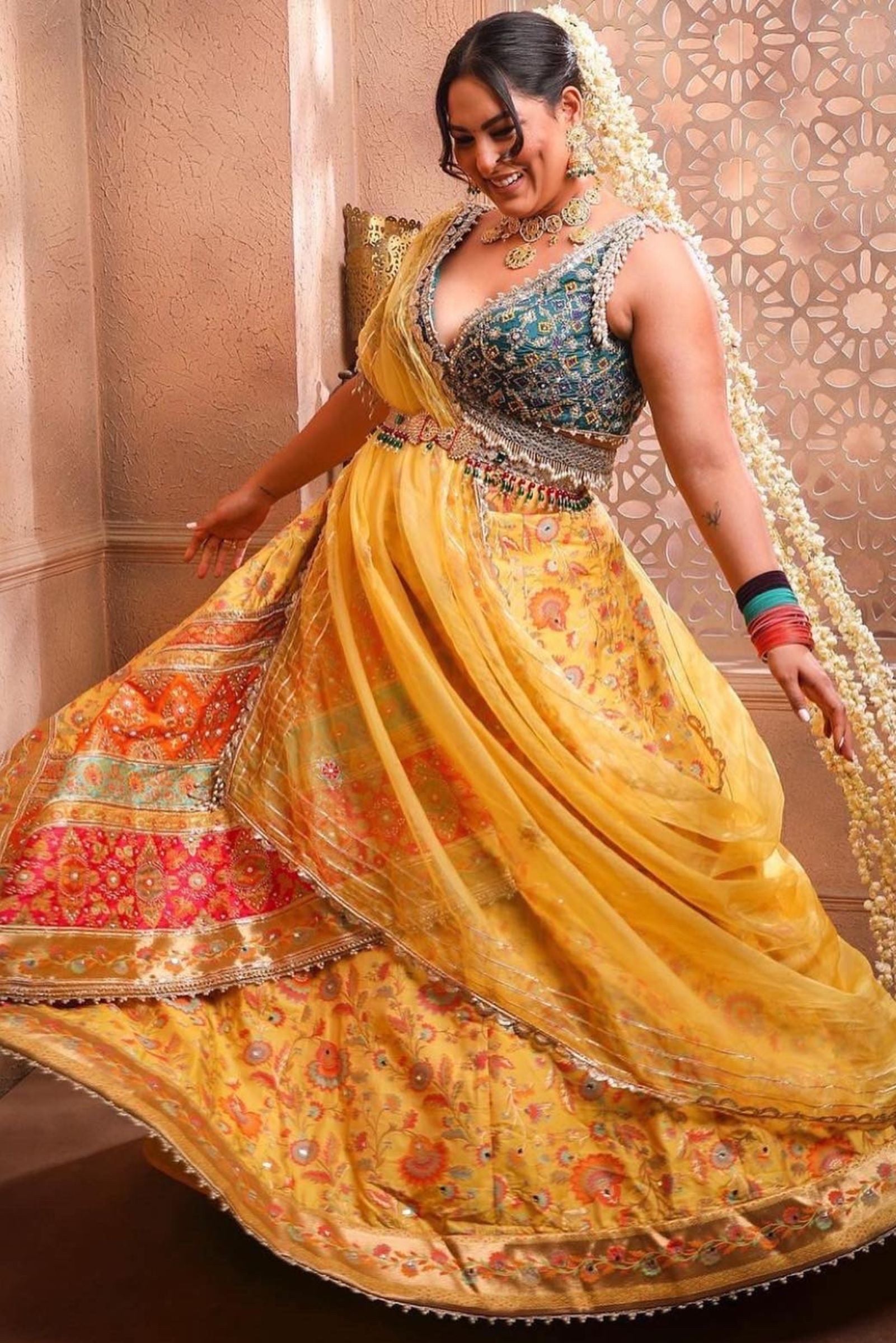 Women's Double Layered Peach Floral Lehenga Set