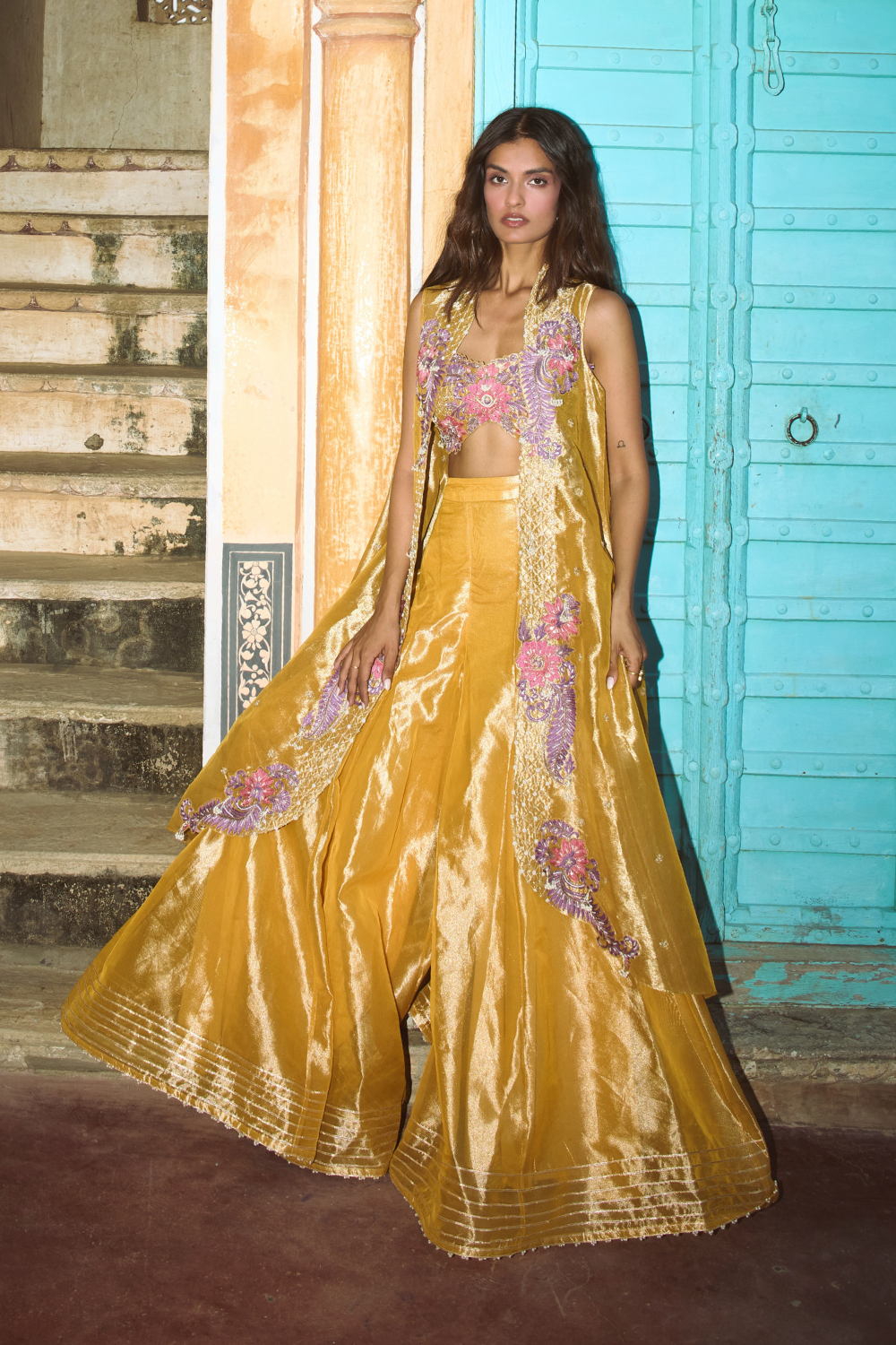 Mustard yellow pure zari tissue sharara set with organza cape