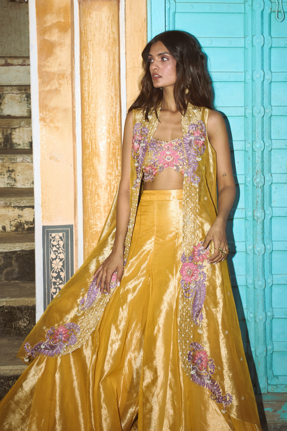 Mustard yellow pure zari tissue sharara set with organza cape