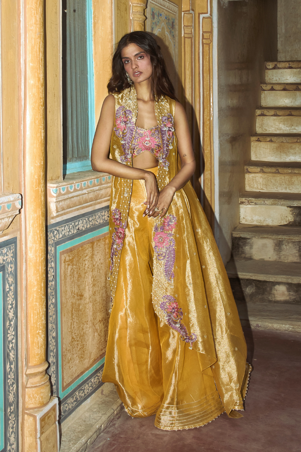 Mustard yellow pure zari tissue sharara set with organza cape