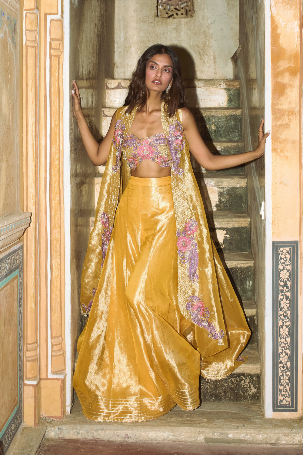 Mustard yellow pure zari tissue sharara set with organza cape