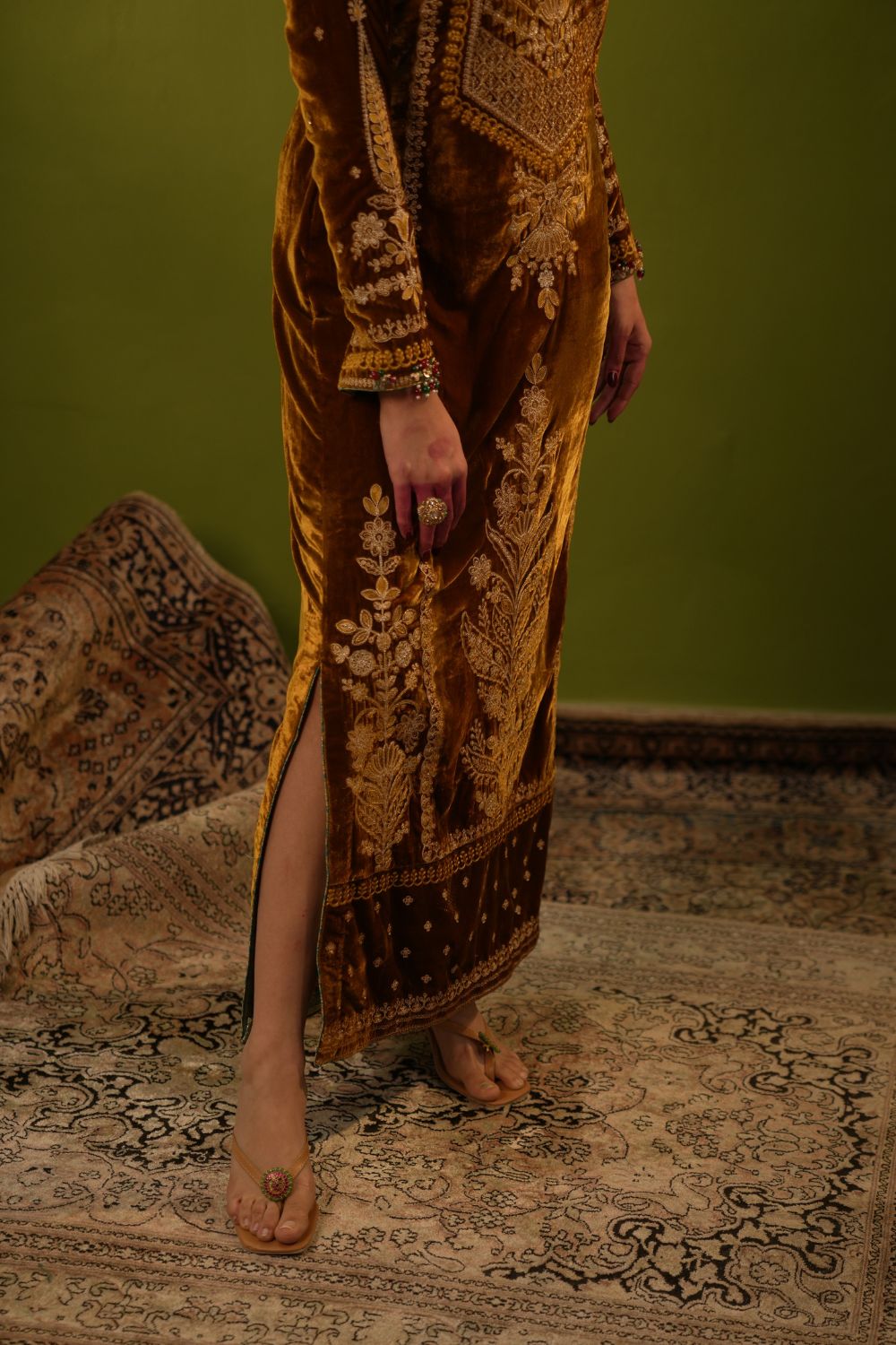 Yellow Velvet Kaftan Set