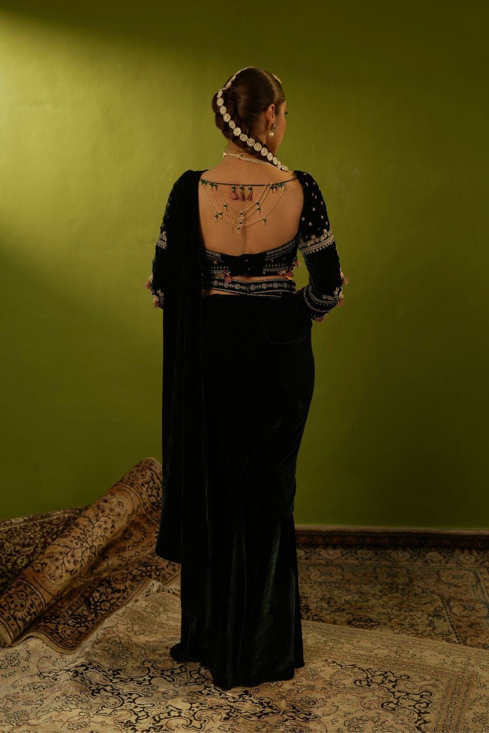 Rich Green Velvet Saree Set