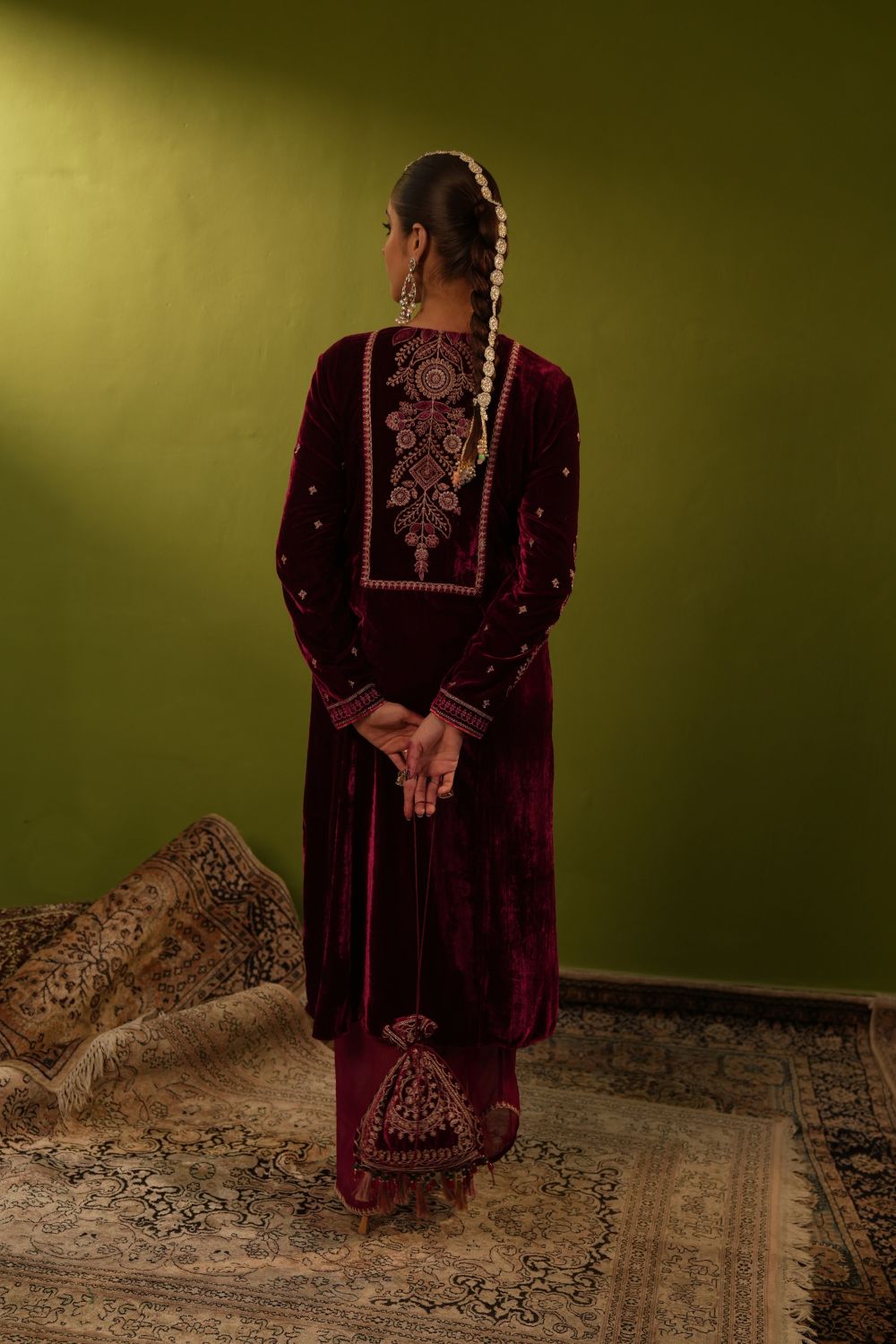 Wine Velvet Drape Skirt, Top And Jacket Set