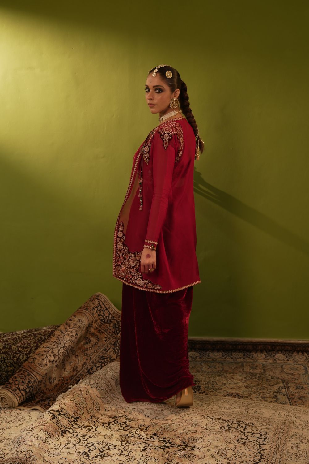 Long Wine Velvet Drape Skirt, Top And Jacket Set