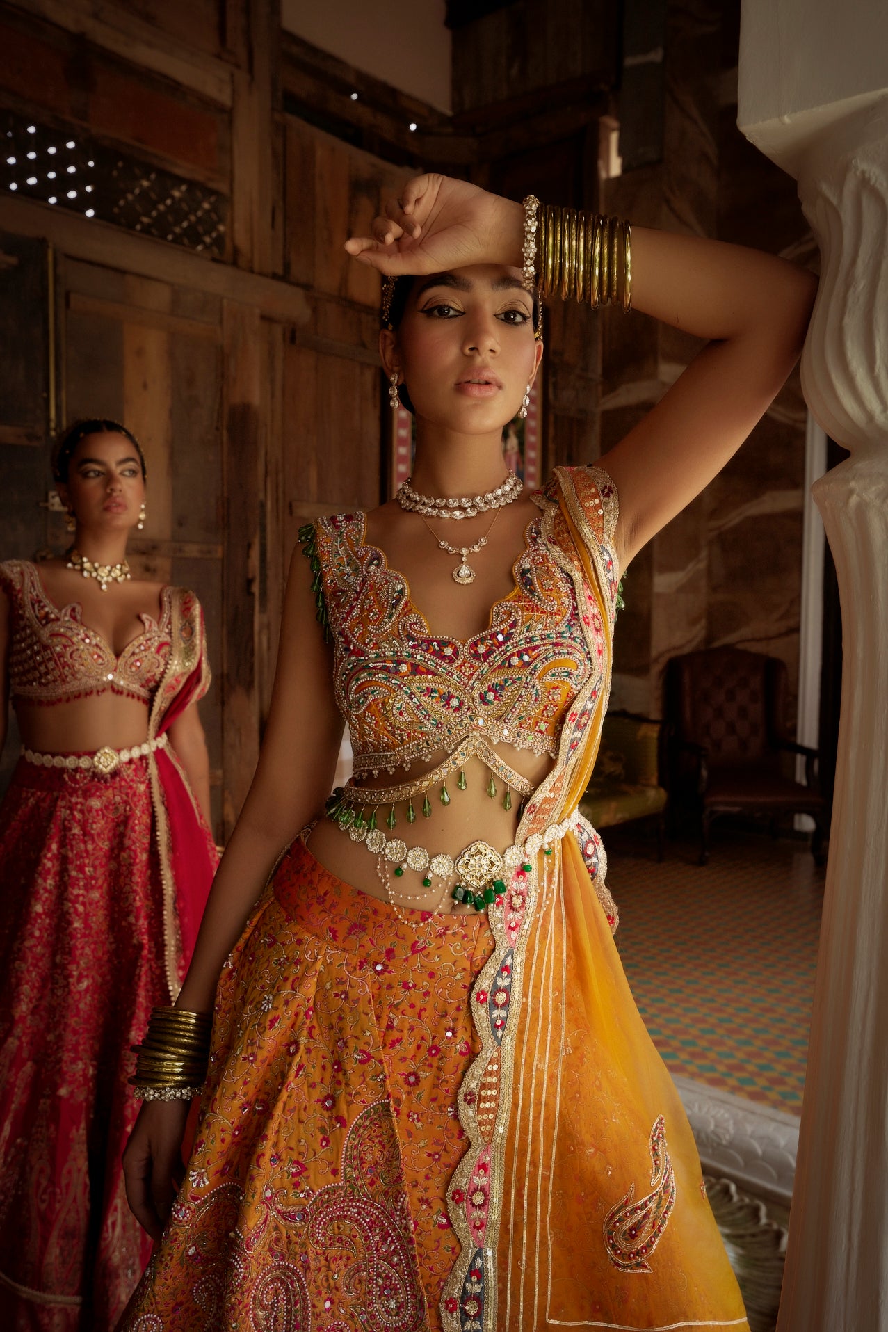 Yellow Jamawar Katan Silk Lehenga