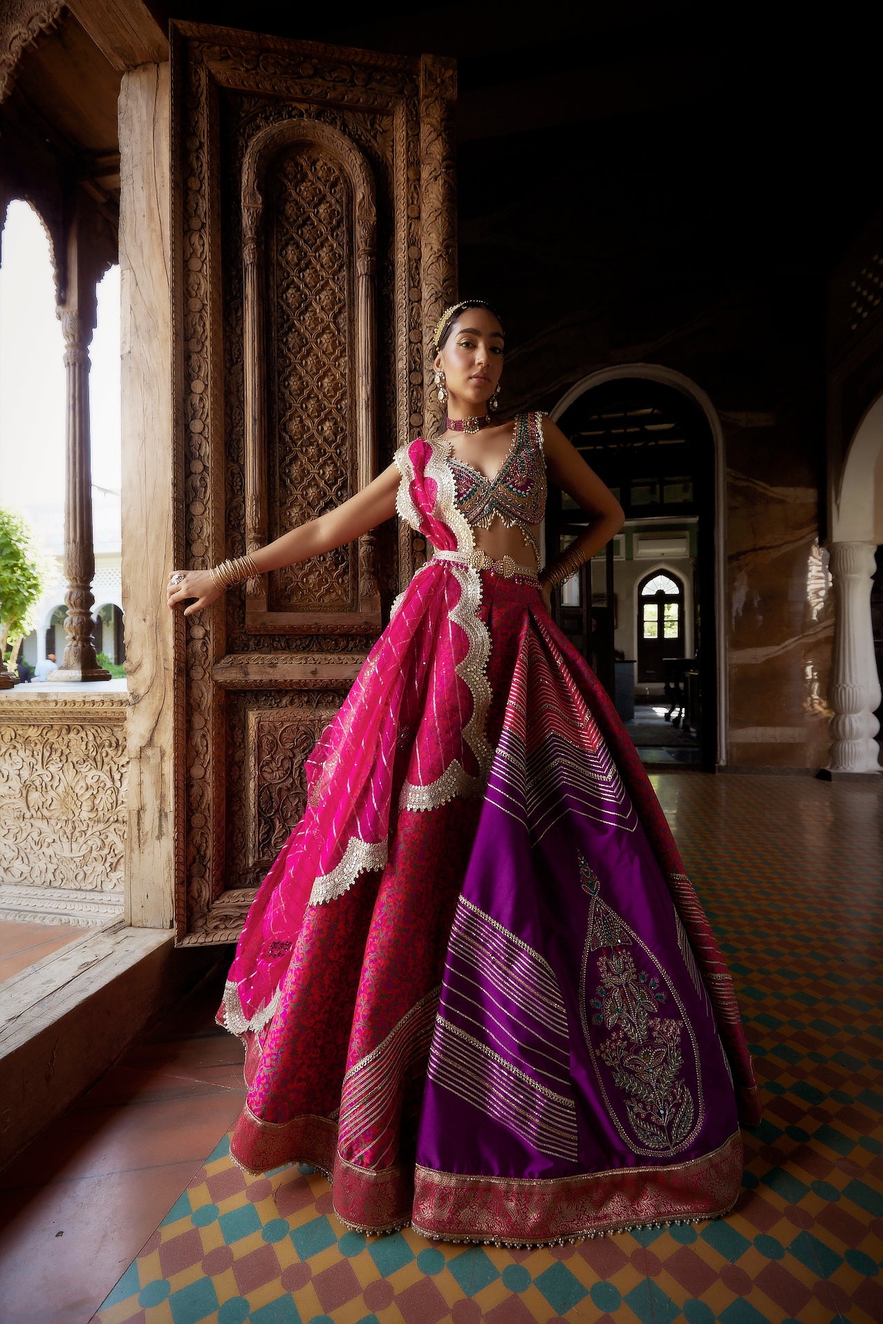 Shop Coral Jamawar Embroidered Lehenga Set