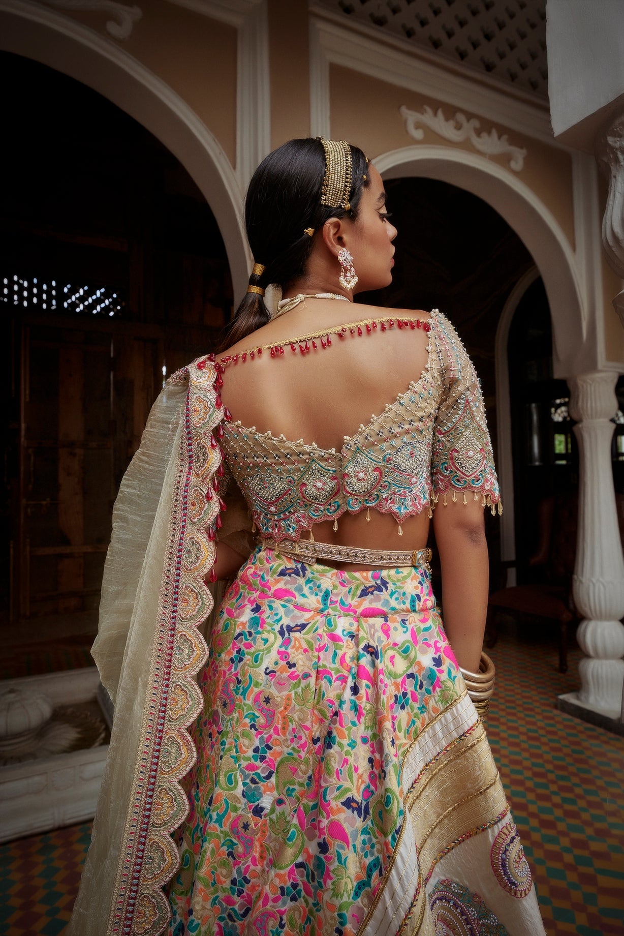 Women's Cream Floral Jamawar Lehenga