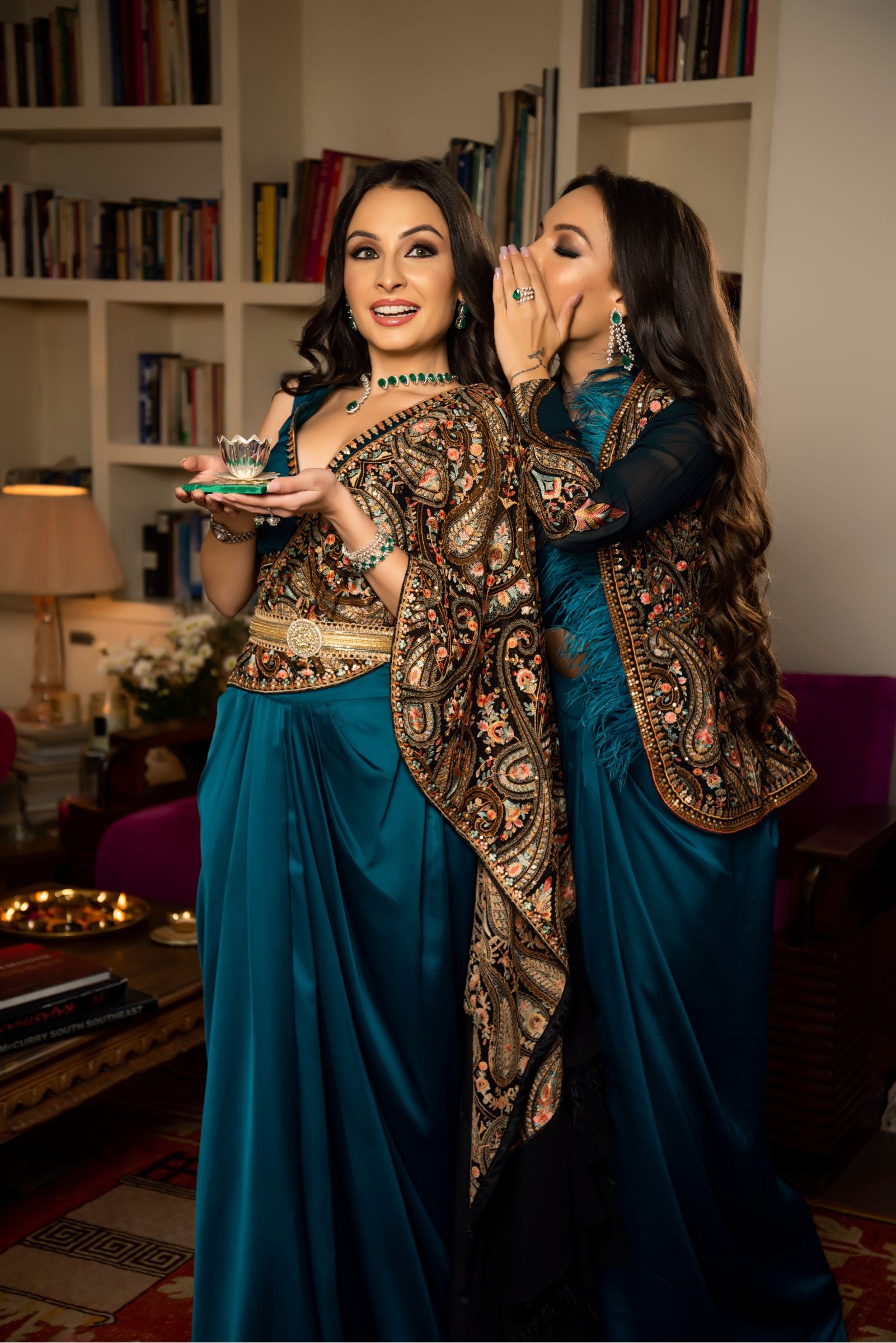 Women's Teal Embroidered Draped Saree Skirt Set