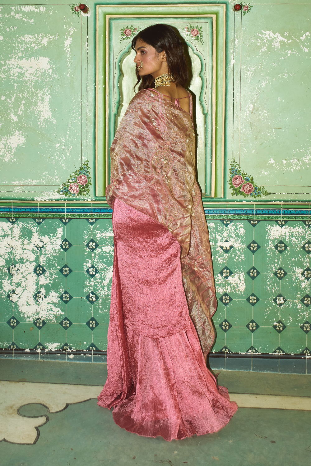 Blush pink crushed silk saree