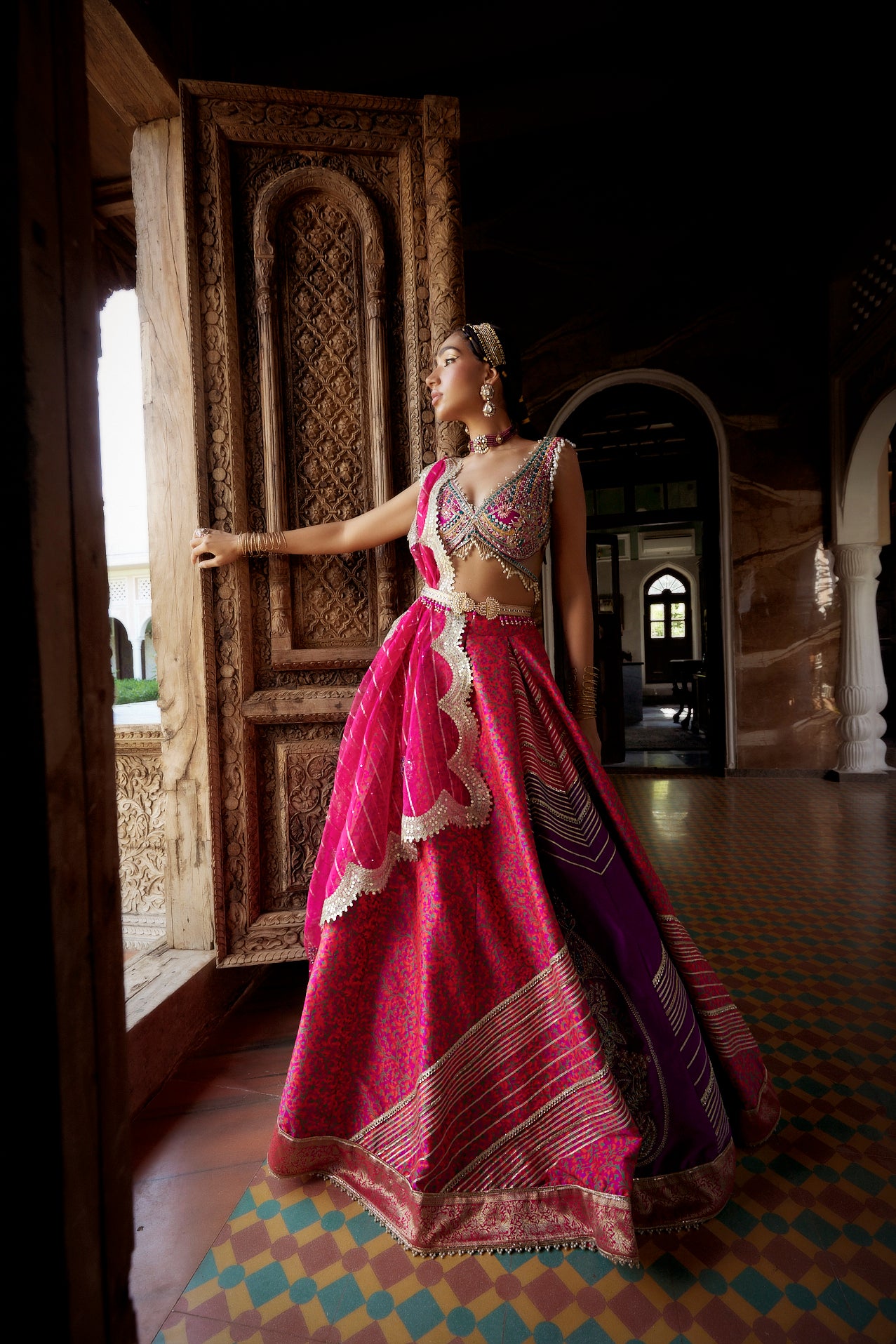 Coral Jamawar Lehenga