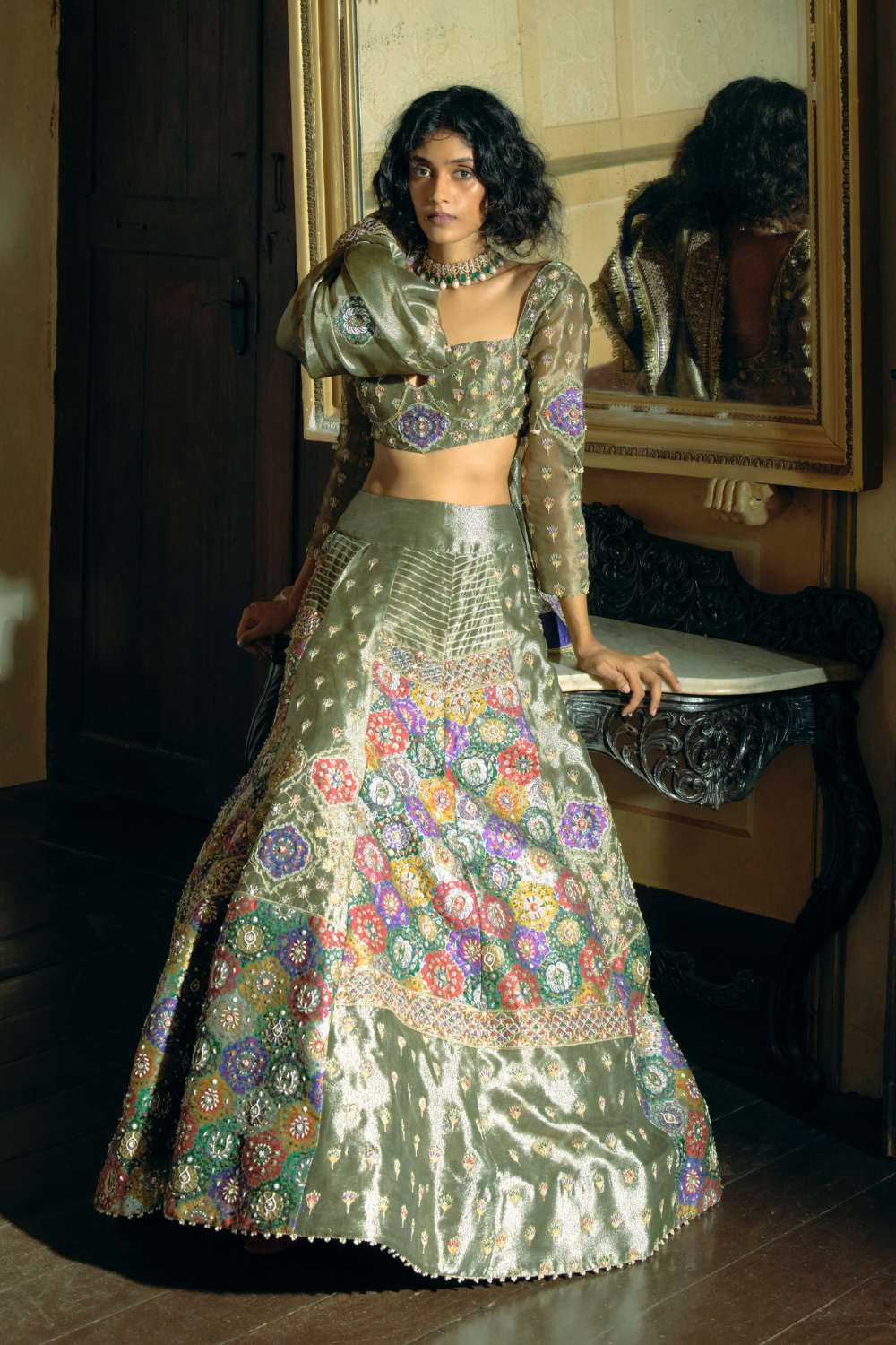 Grey silk zari tissue lehnga set