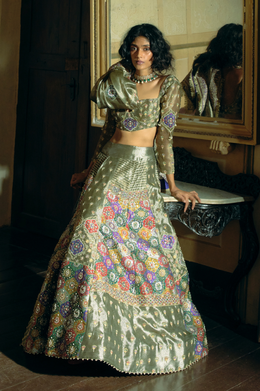 Grey silk zari tissue lehnga set