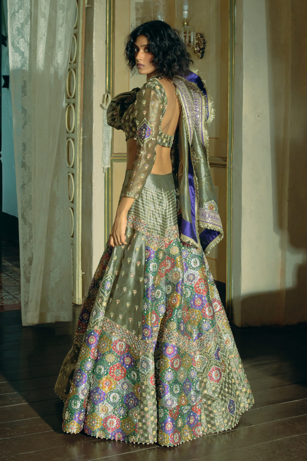 Grey silk zari tissue lehnga set