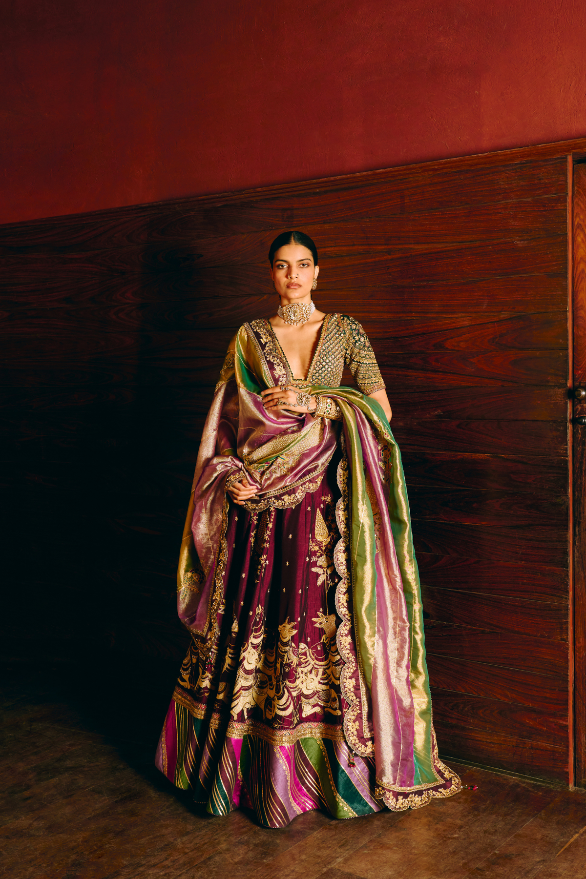 Kam Dhenu Wine Lehenga with tissue duppata set