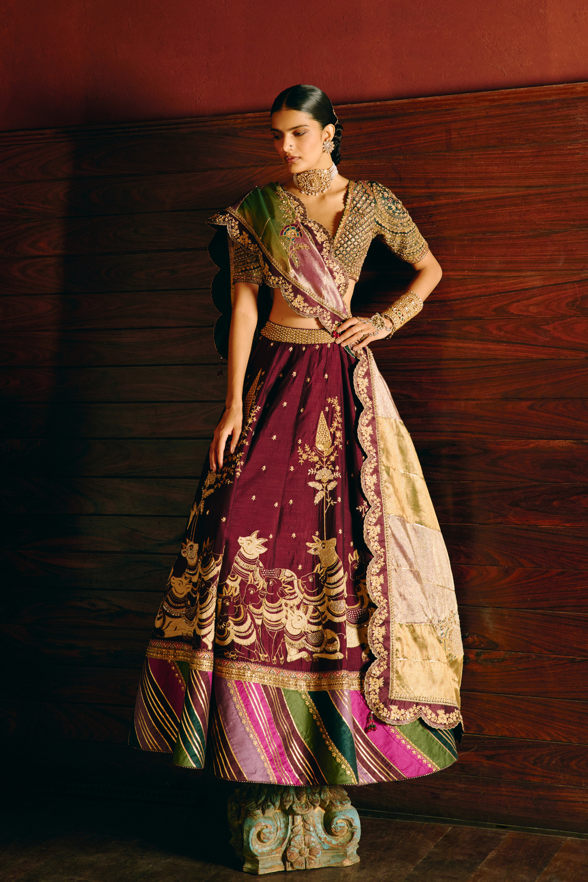 Kam Dhenu Wine Lehenga with tissue duppata set