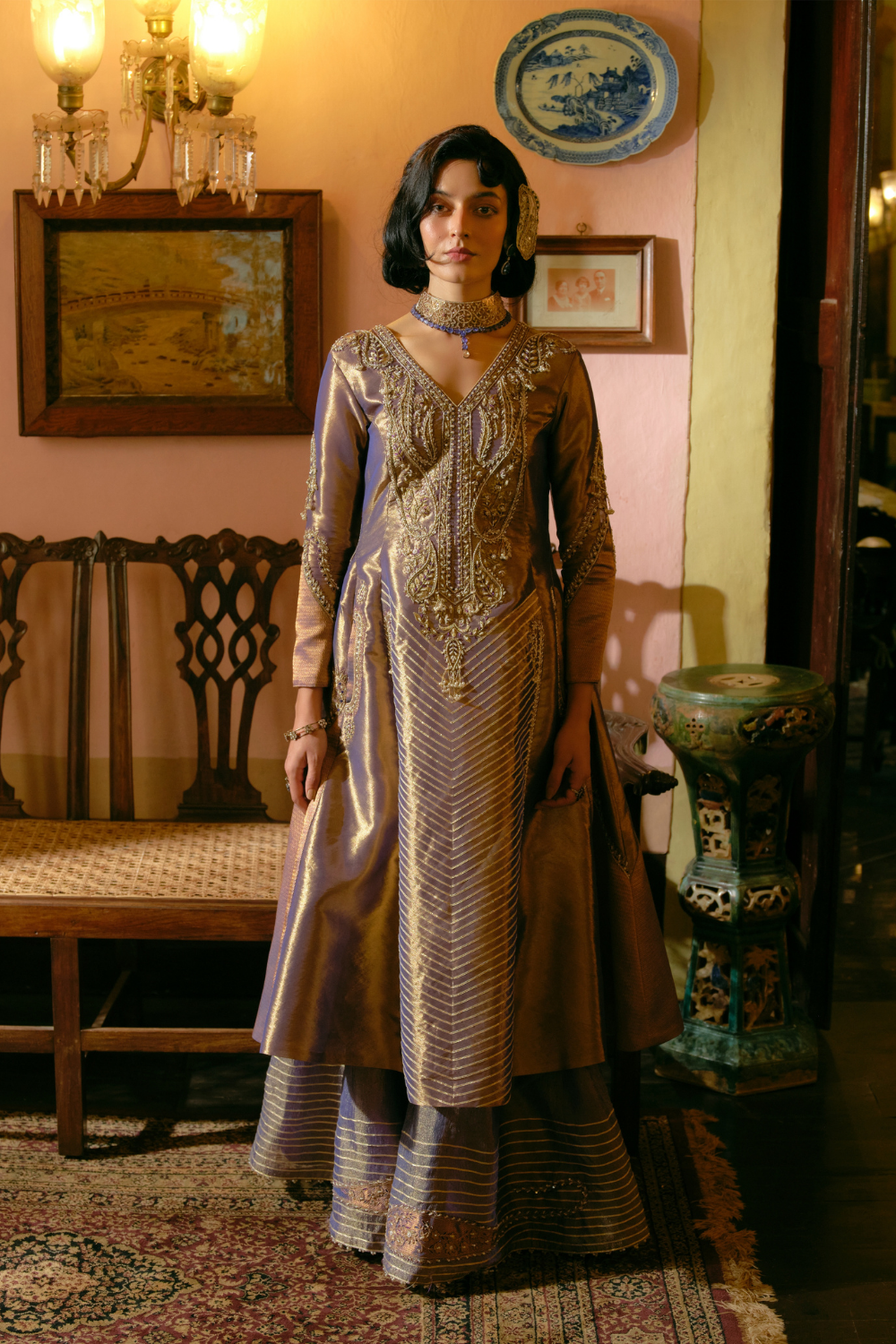 Vaishali Jain in our Purple silk zari tissue anarkali with sharara and dupatta set