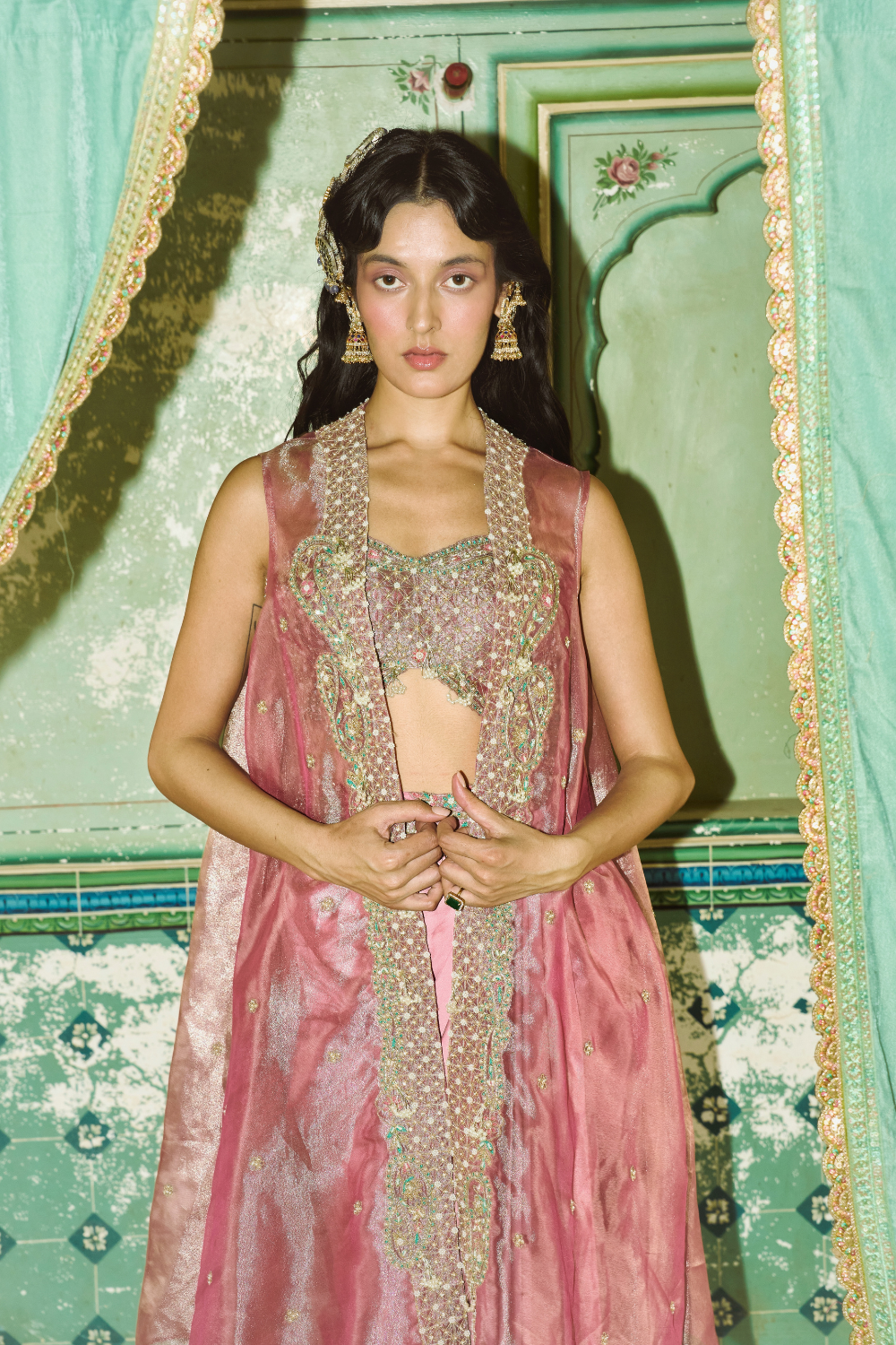 Blush pink drape satin skirt set with cape