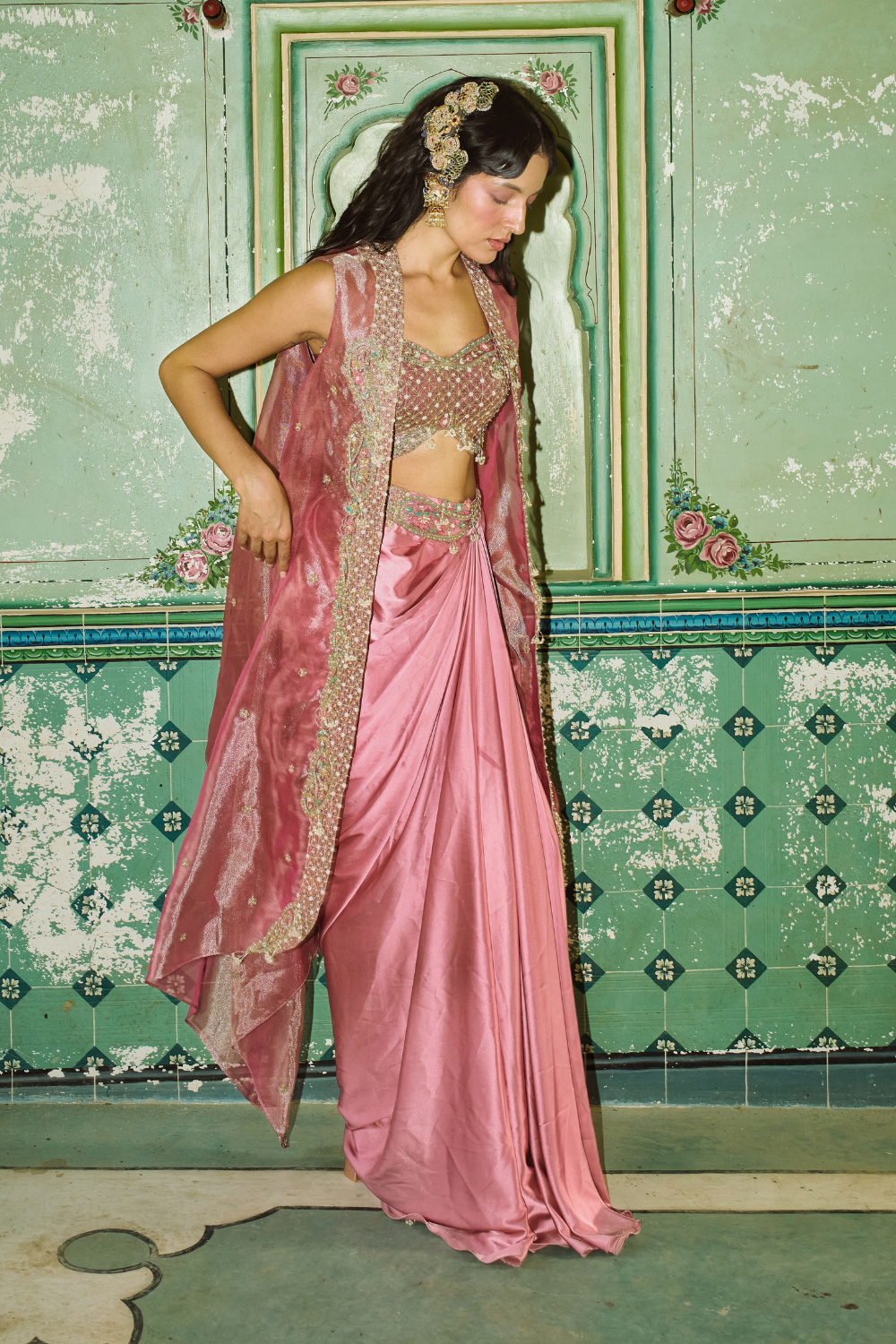 Diksha Rawat in our Blush pink drape satin skirt set with cape