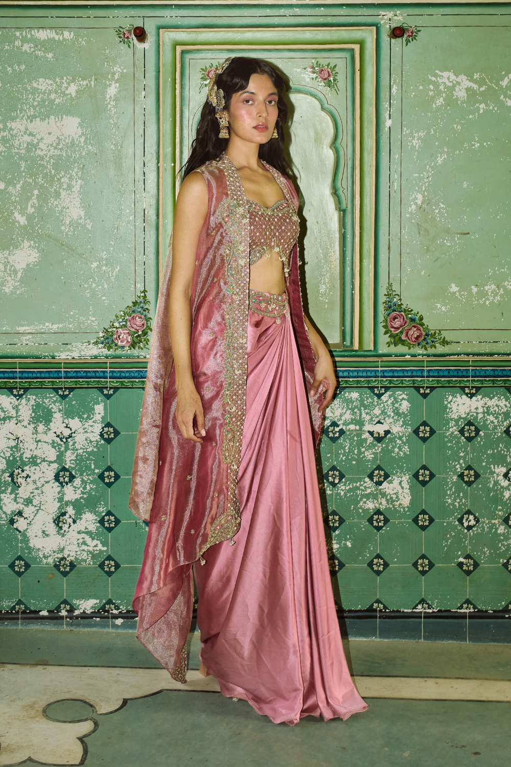 Diksha Rawat in our Blush pink drape satin skirt set with cape