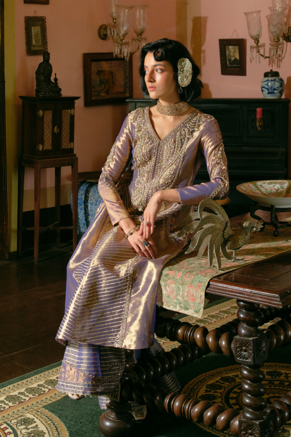 Kompal Matta Kapoor in our Purple silk zari tissue anarkali with sharara and dupatta set