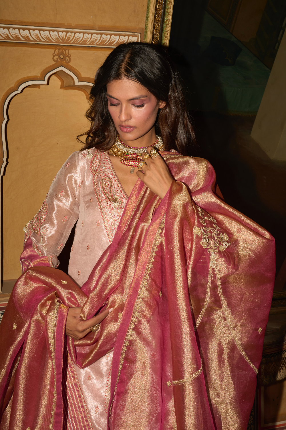 Natasha Shah in our Rose gold short kurta and sharara set