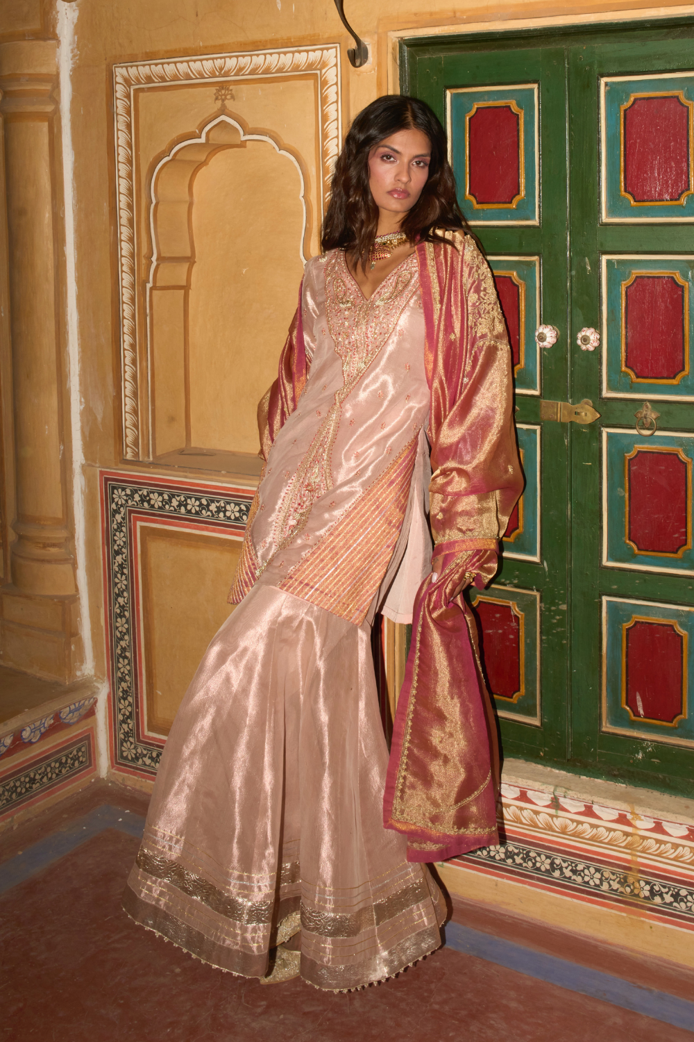 Rose gold short kurta and sharara set