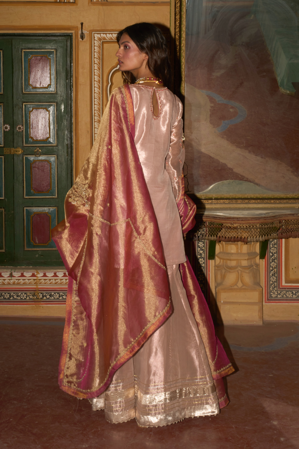 Rose gold short kurta and sharara set