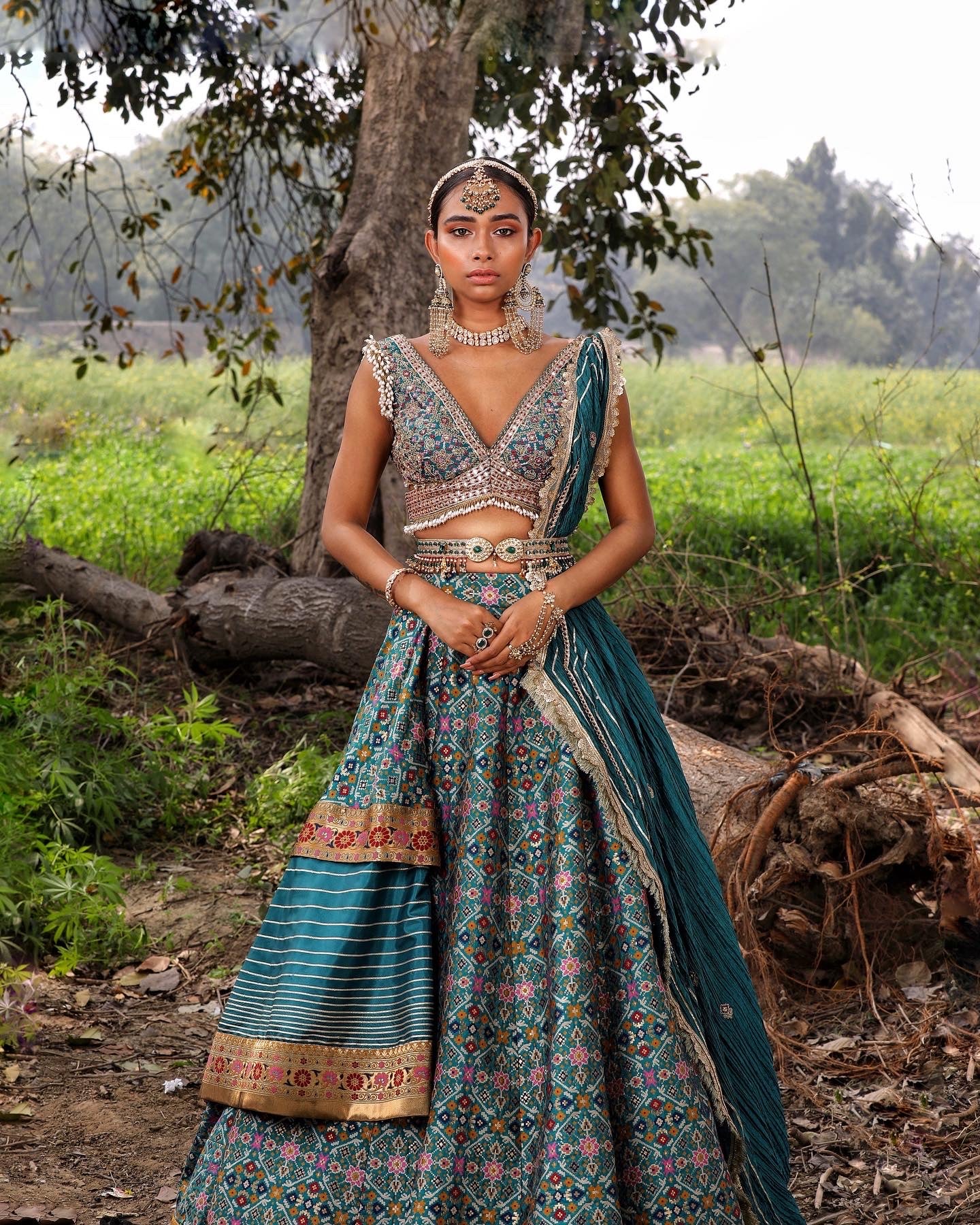 Women's Teal Banarasi Ikat Lehenga Set