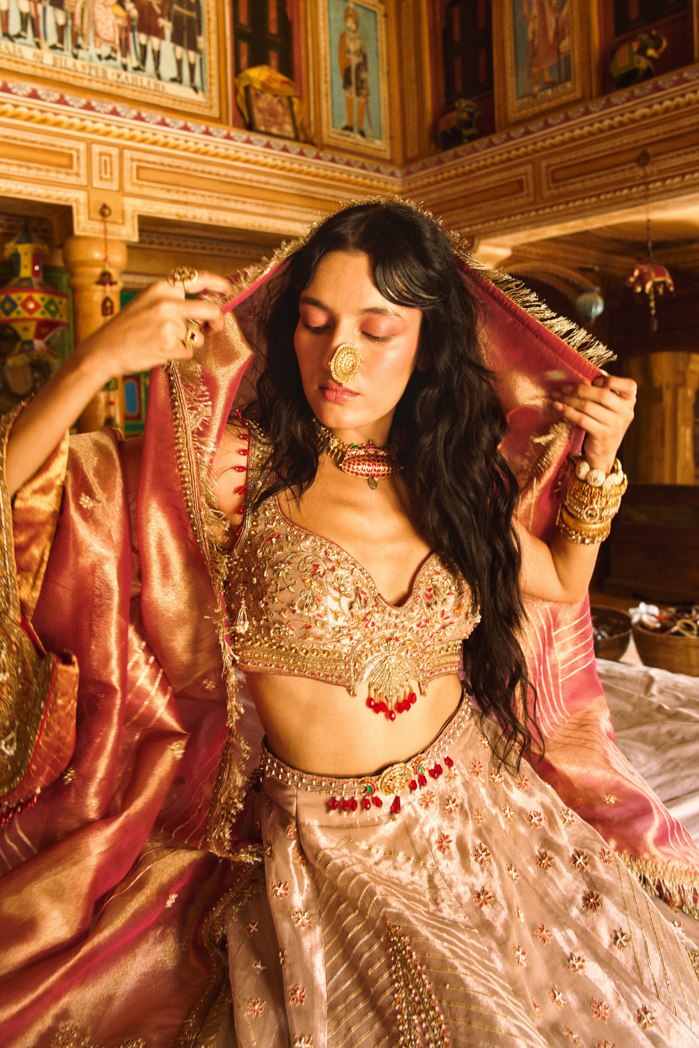 Soundarya Thakur in our Rose Gold Puri Zari Tissue Lehenga Set