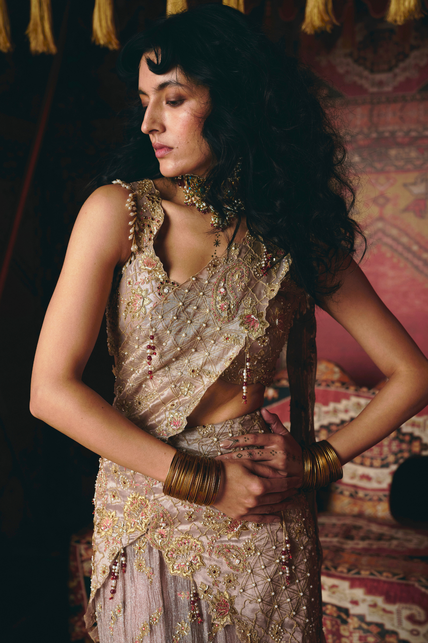 Rose Gold Drape Saree and Blouse Set