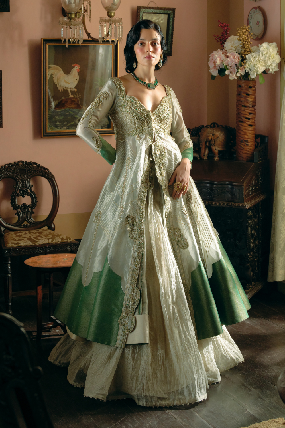 Anandhika in our Pearl gold silk zari tissue jacket with skirt set