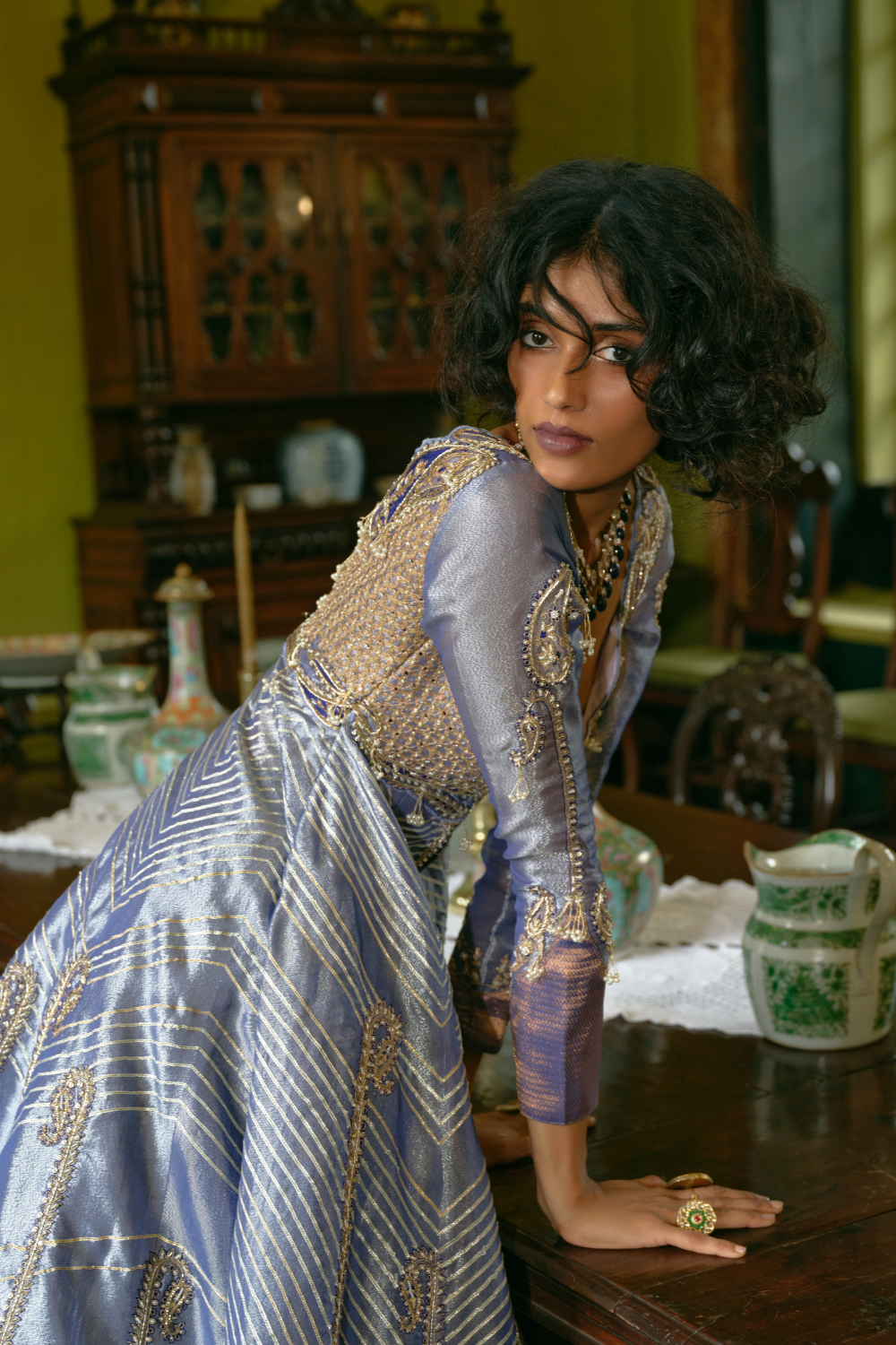 Blue silk zari tissue jacket with skirt and Dupatta