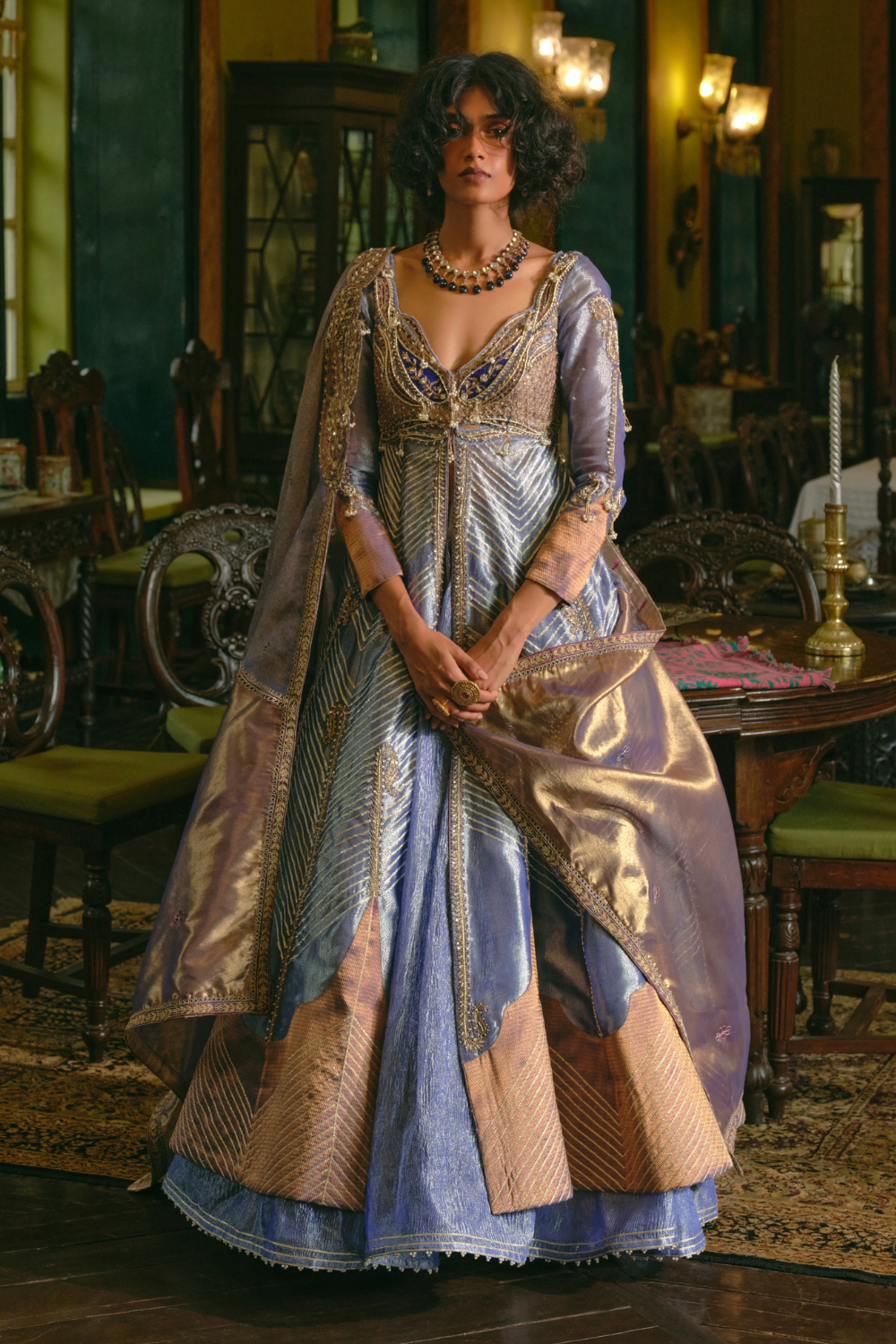 Blue silk zari tissue jacket with skirt and Dupatta