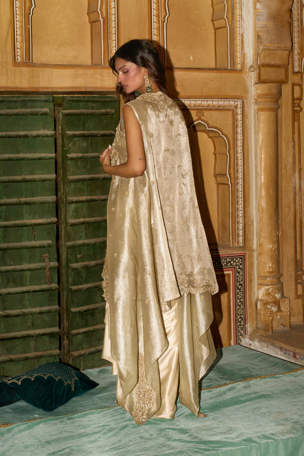 Anushka Ranjan in our Champagne gold drape satin skirt with cape