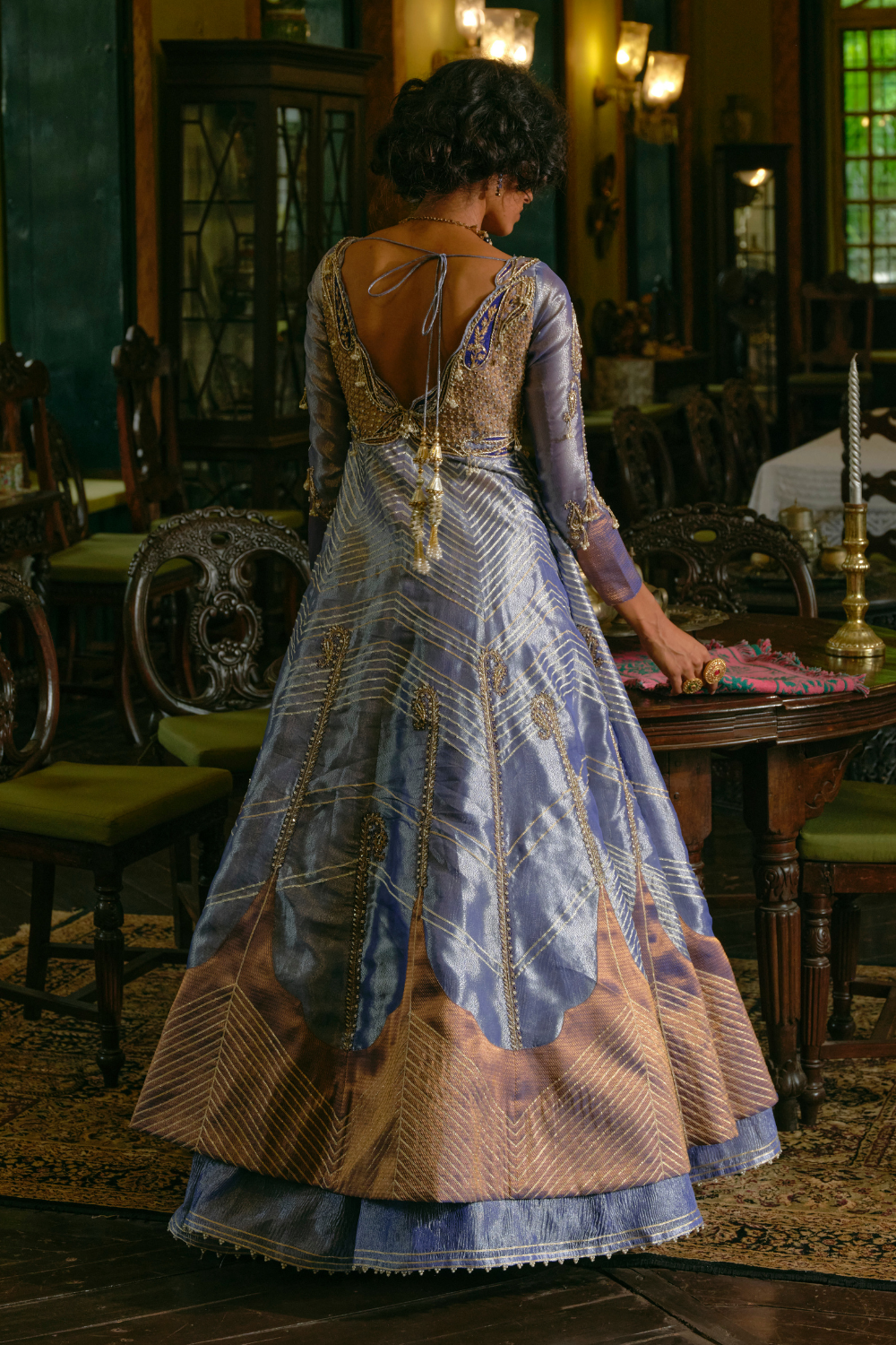 Blue silk zari tissue jacket with skirt and Dupatta