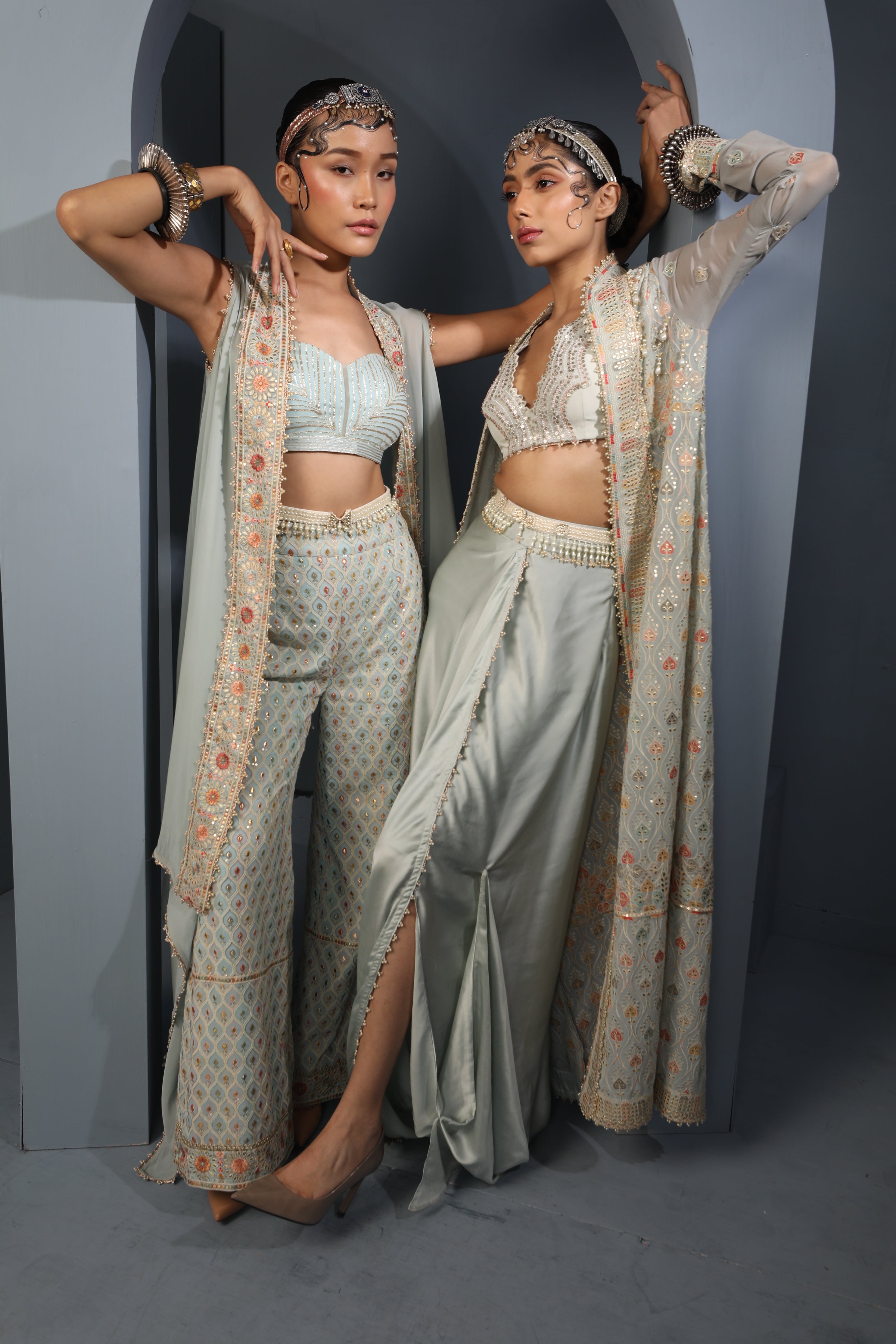 Women's Powder Blue Floral Cape-Palazzo