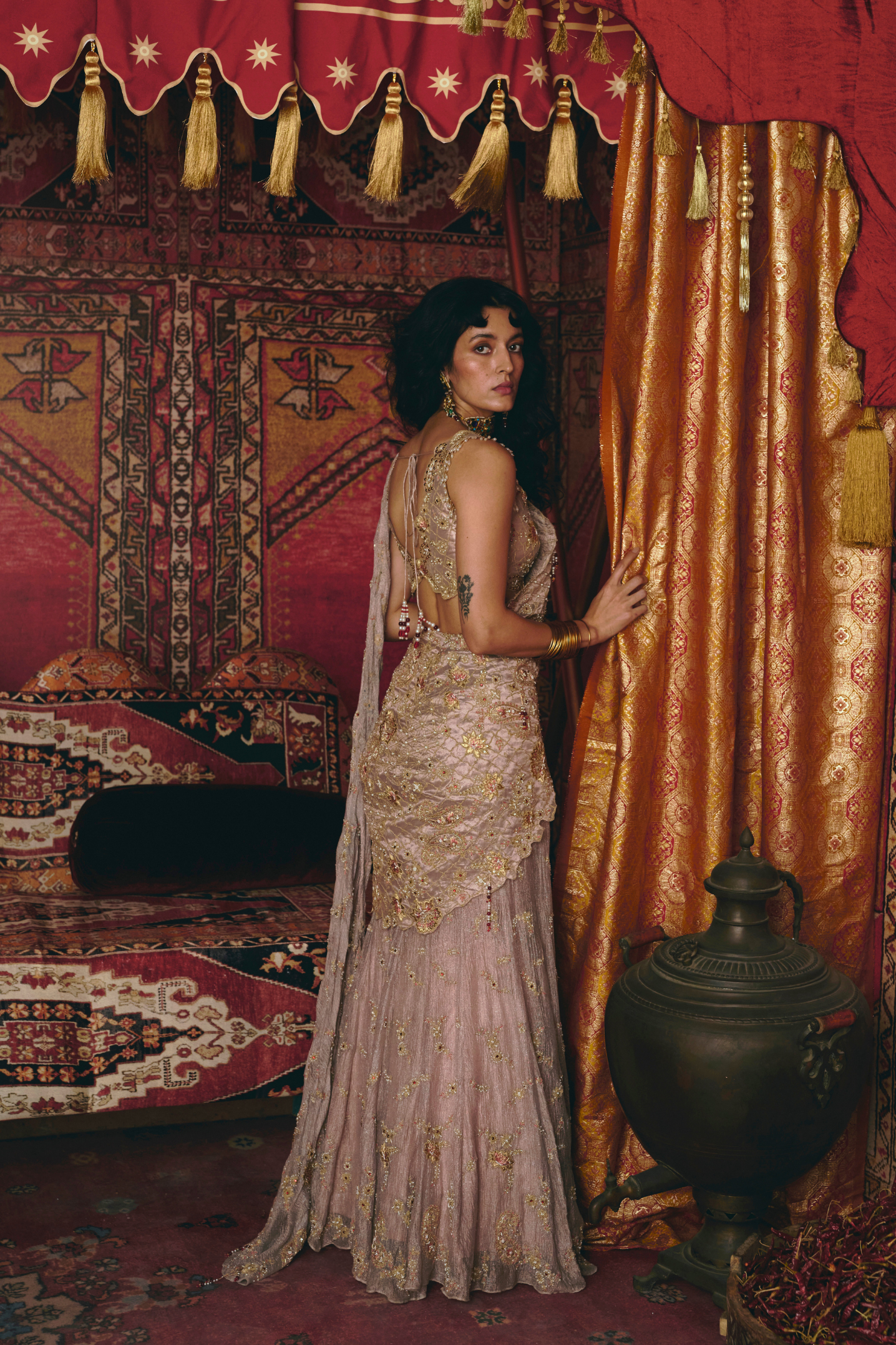 Rose Gold Drape Saree and Blouse Set