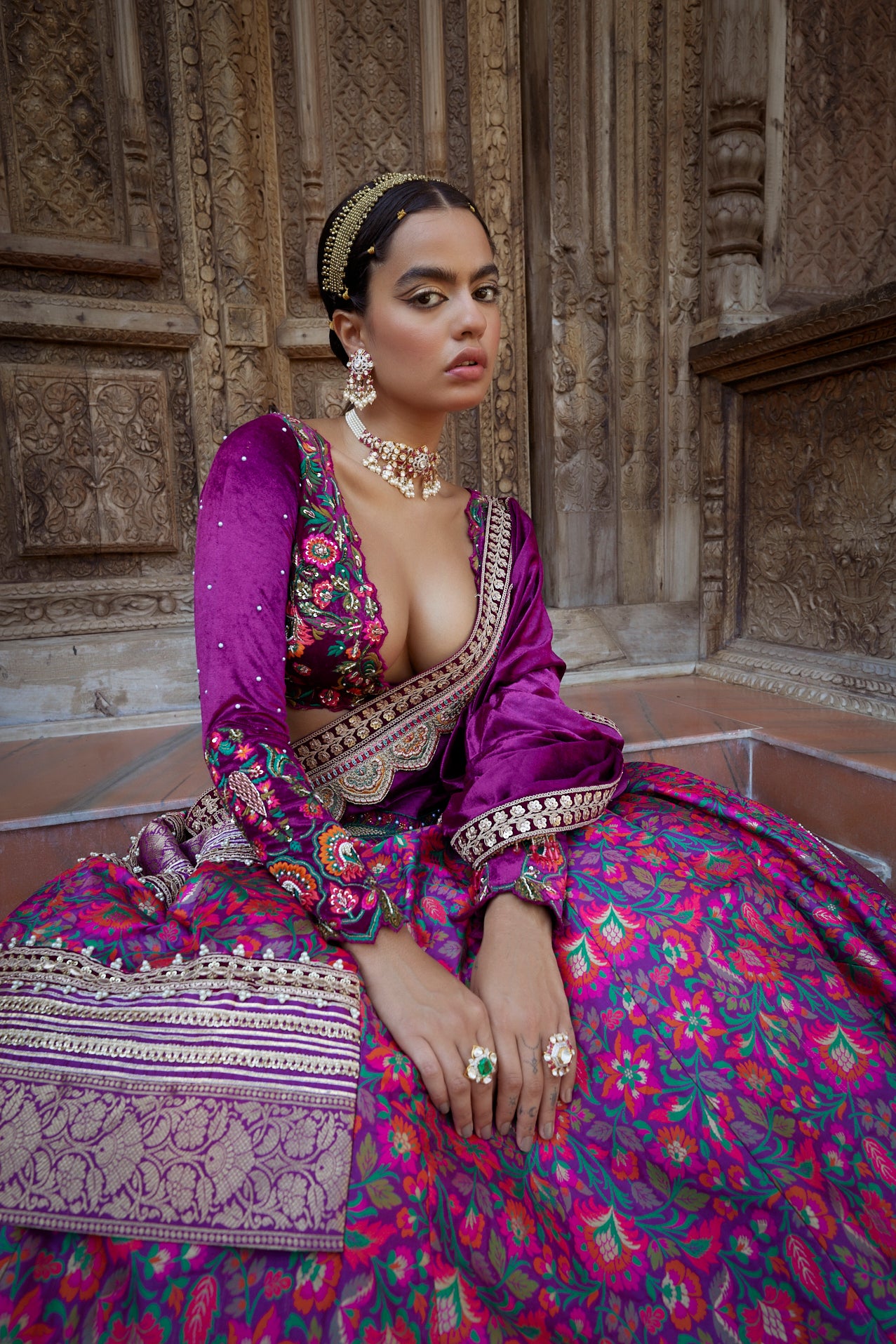 Women's Purple Floral Jamawar Lehenga Set