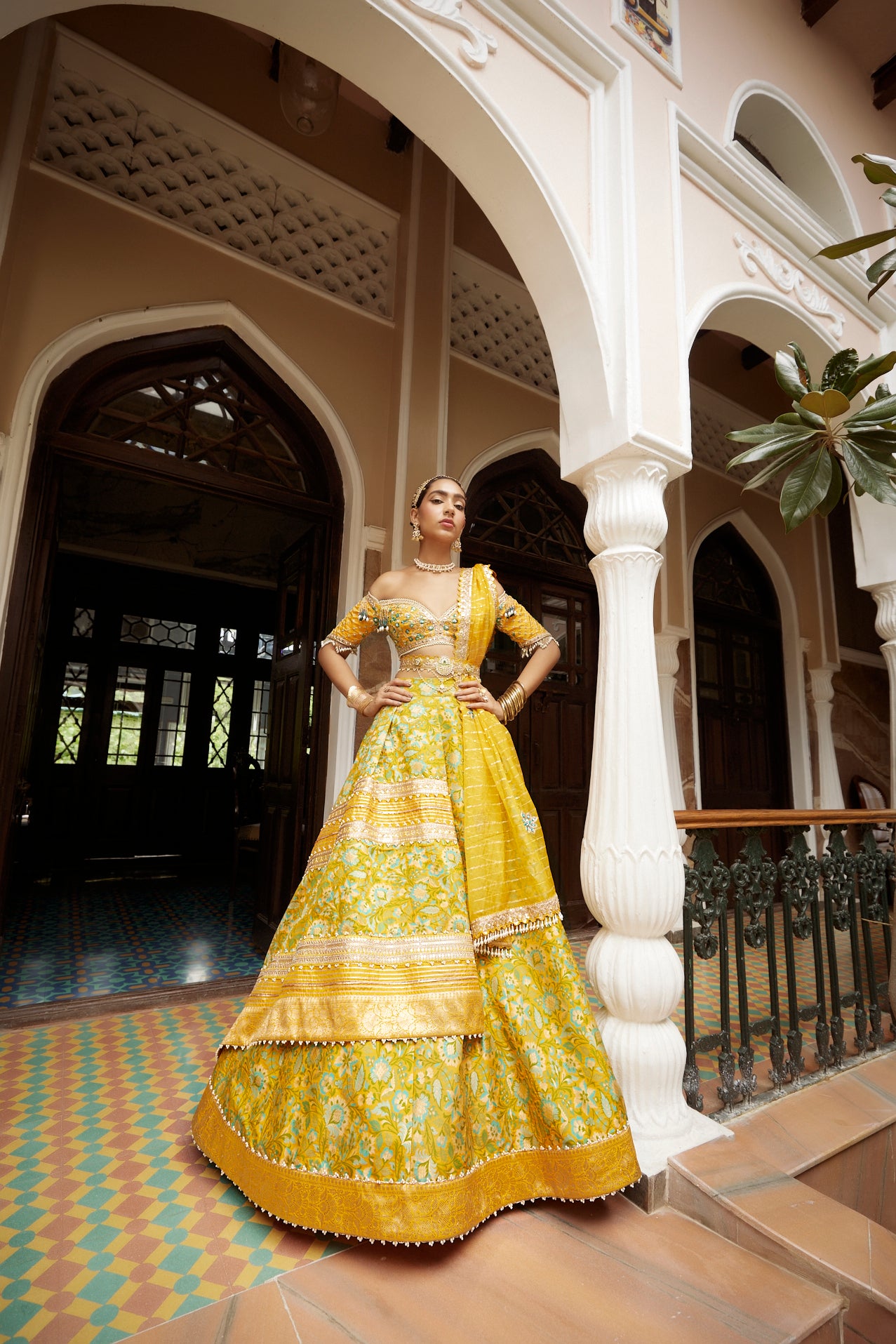 Buy Womens Yellow Floral Jamawar Lehenga Set Aditi Gupta