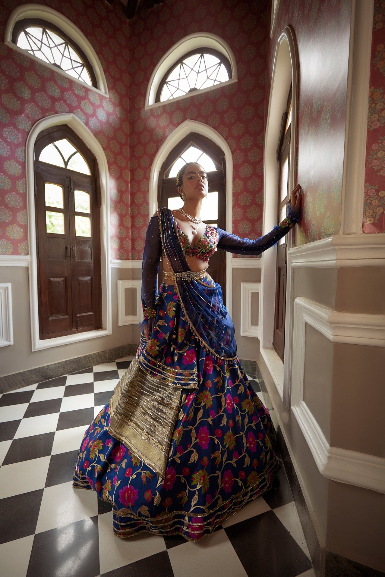 Women's Dark Blue Floral Lehenga Set