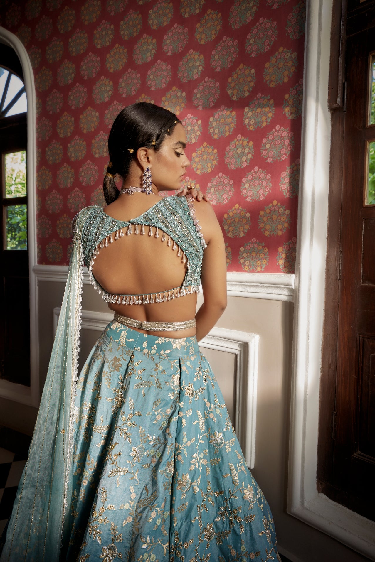 Buy Women's Blue Floral Embroidered Lehenga