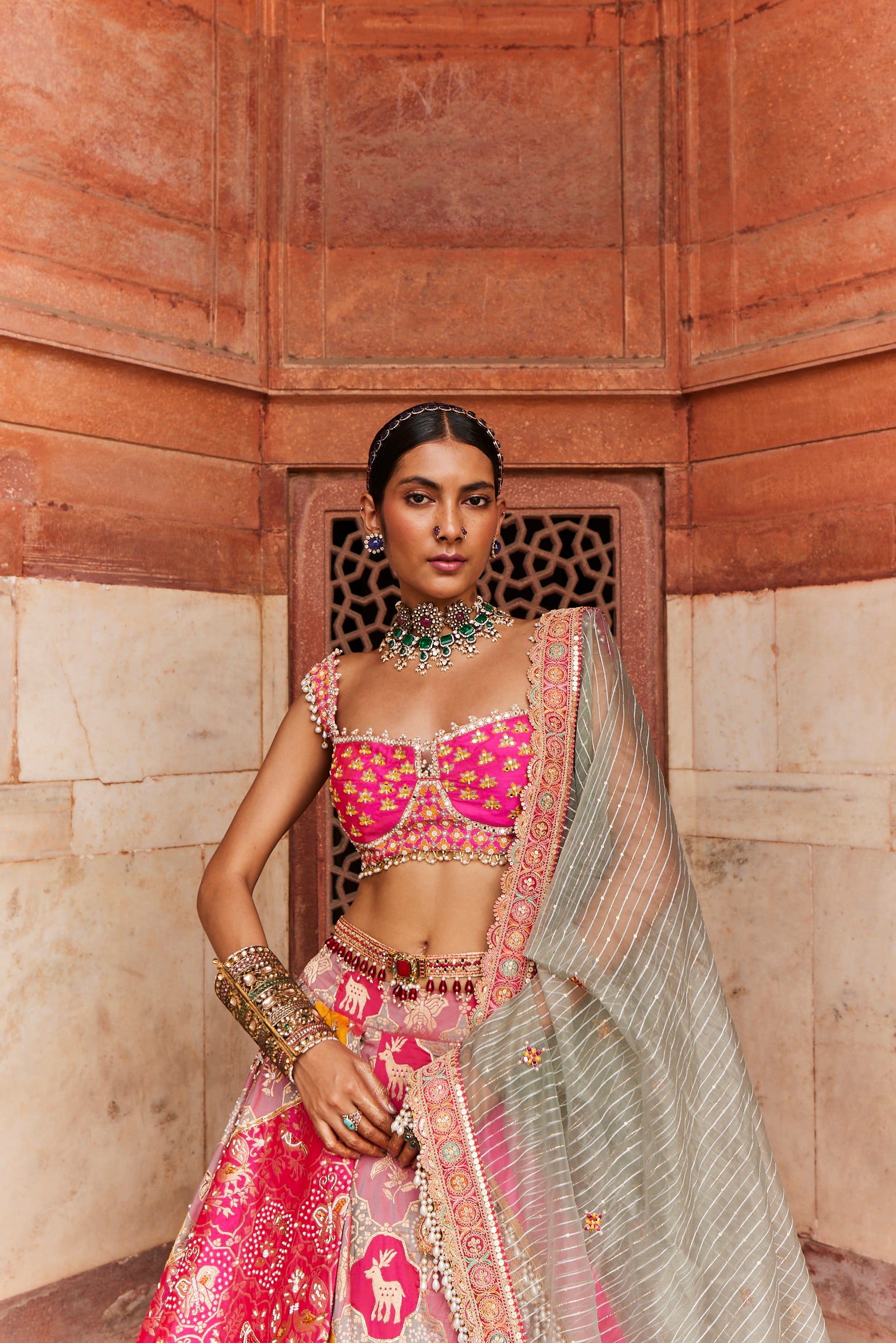 Women's Hot Pink Banarasi Meenakari Lehenga