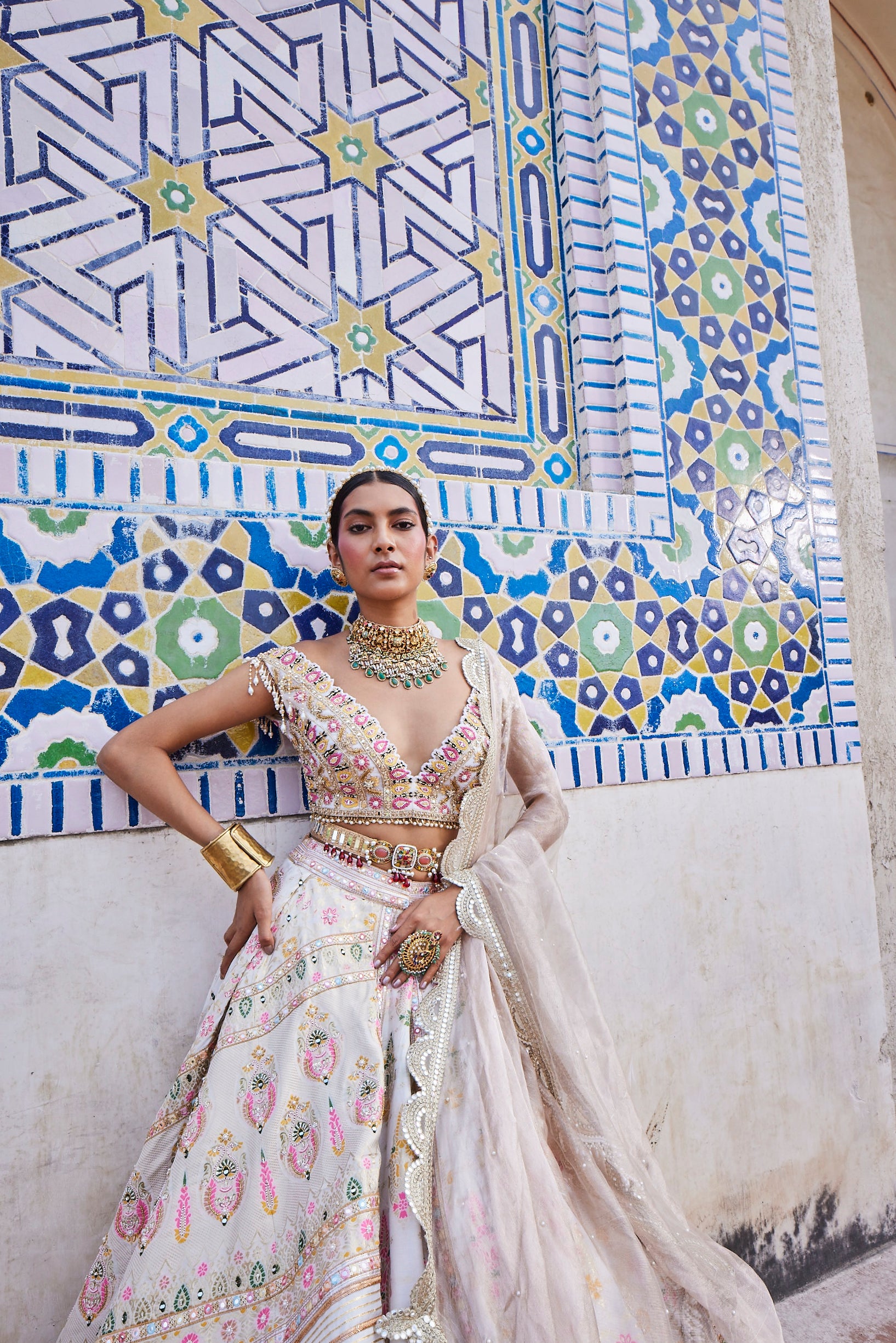 Shop Ivory Chanderi Banarasi Paneled Lehenga