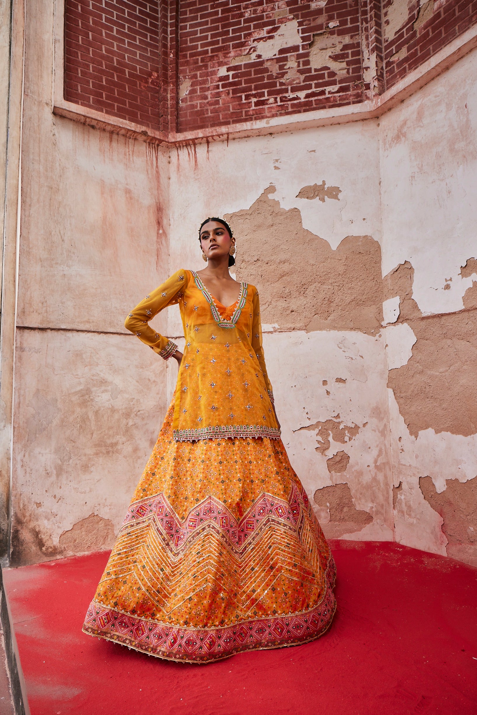 Trifecta peppermint-mango chevron lehenga with peppermint threadwork crystal achkan